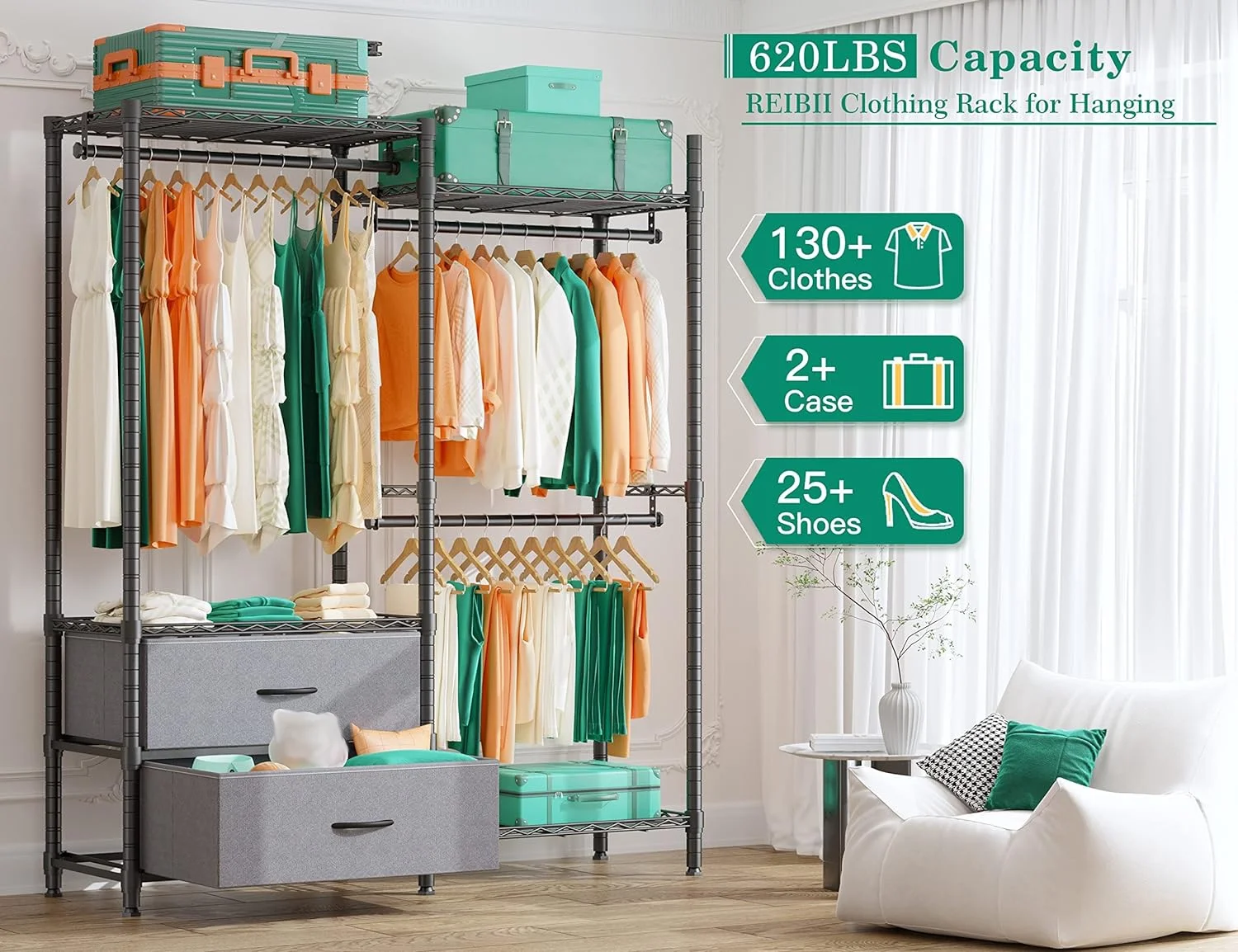 EnHomee Clothing Rack Heavy Duty Clothes Rack with 2 Drawers Adjustable Metal Wardrobe Organizer,620lbs Load Capacity