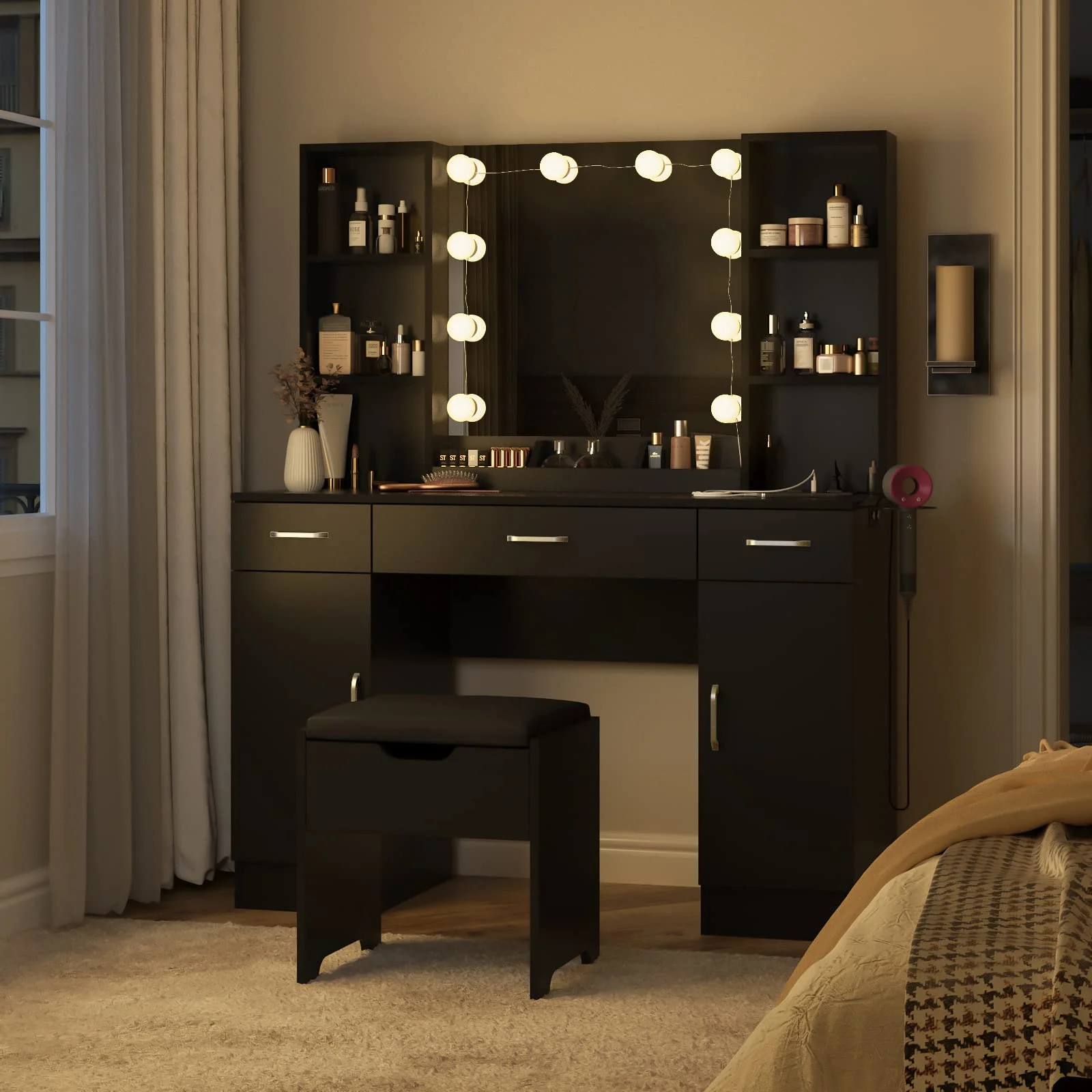VEANERWOOD Large Makeup Vanity Set with Light Modern Makeup Vanity Table with Storage and Adjustable Lighting Colors for Bedroom 45.2in, White - Image 35
