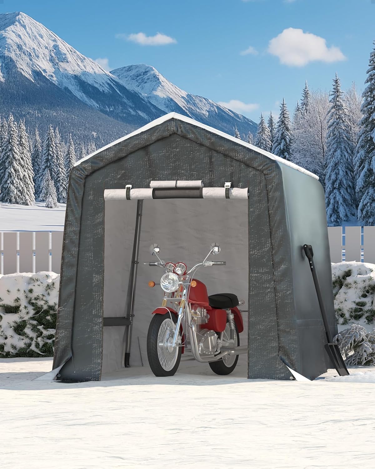  6X6 FT Heavy-Duty Portable Outdoor Storage Shed with Roll-Up Zipper Door & Vent, 240g Waterproof Carport Storage Shelter, UV-Resistant Canopy for Motorcycle, Firewood, Tools -Gray ﻿