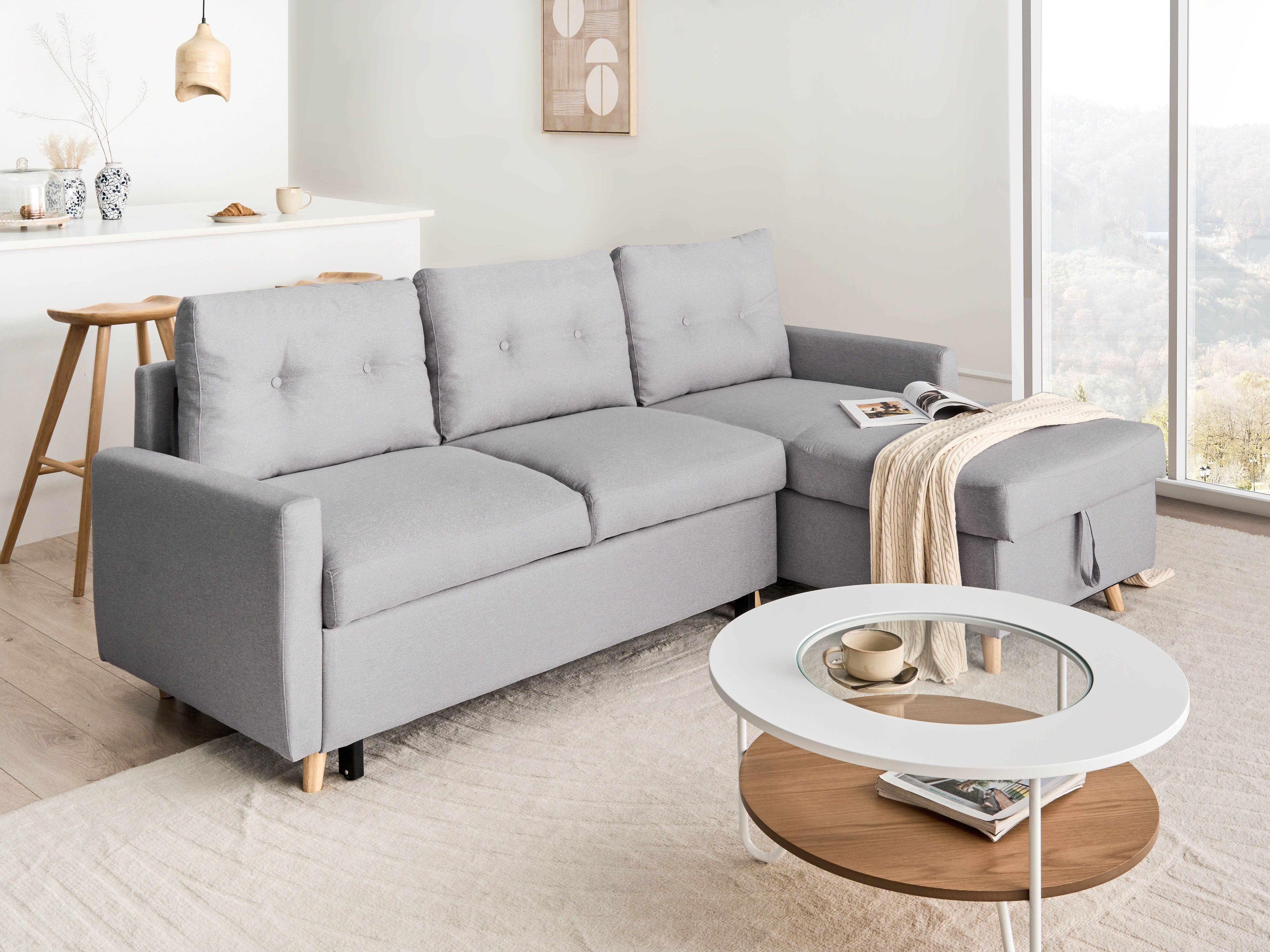Corner Sofa Bed 4 Seater FLAKK Fabric Light Grey with Storage Left Hand