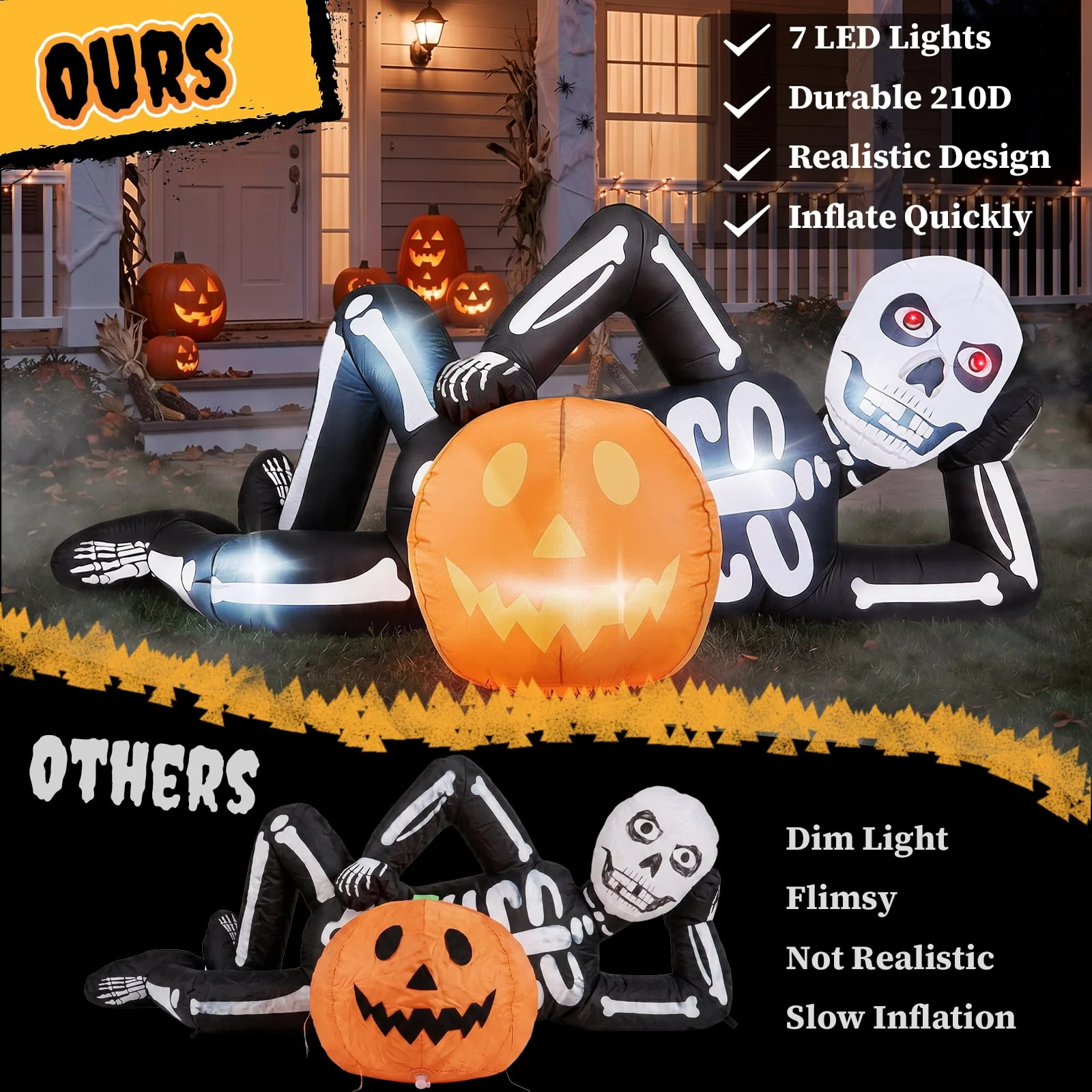 Ktaxon 7' Halloween Inflatables Skeleton Outdoor Halloween Decoration Reclining Skeleton with Pumpkin,Built-In LED Lights - Image 3 Ktaxon 7' Halloween Inflatables Skeleton Outdoor Halloween Decoration Reclining Skeleton with Pumpkin,Built-In LED Lights - Image 3