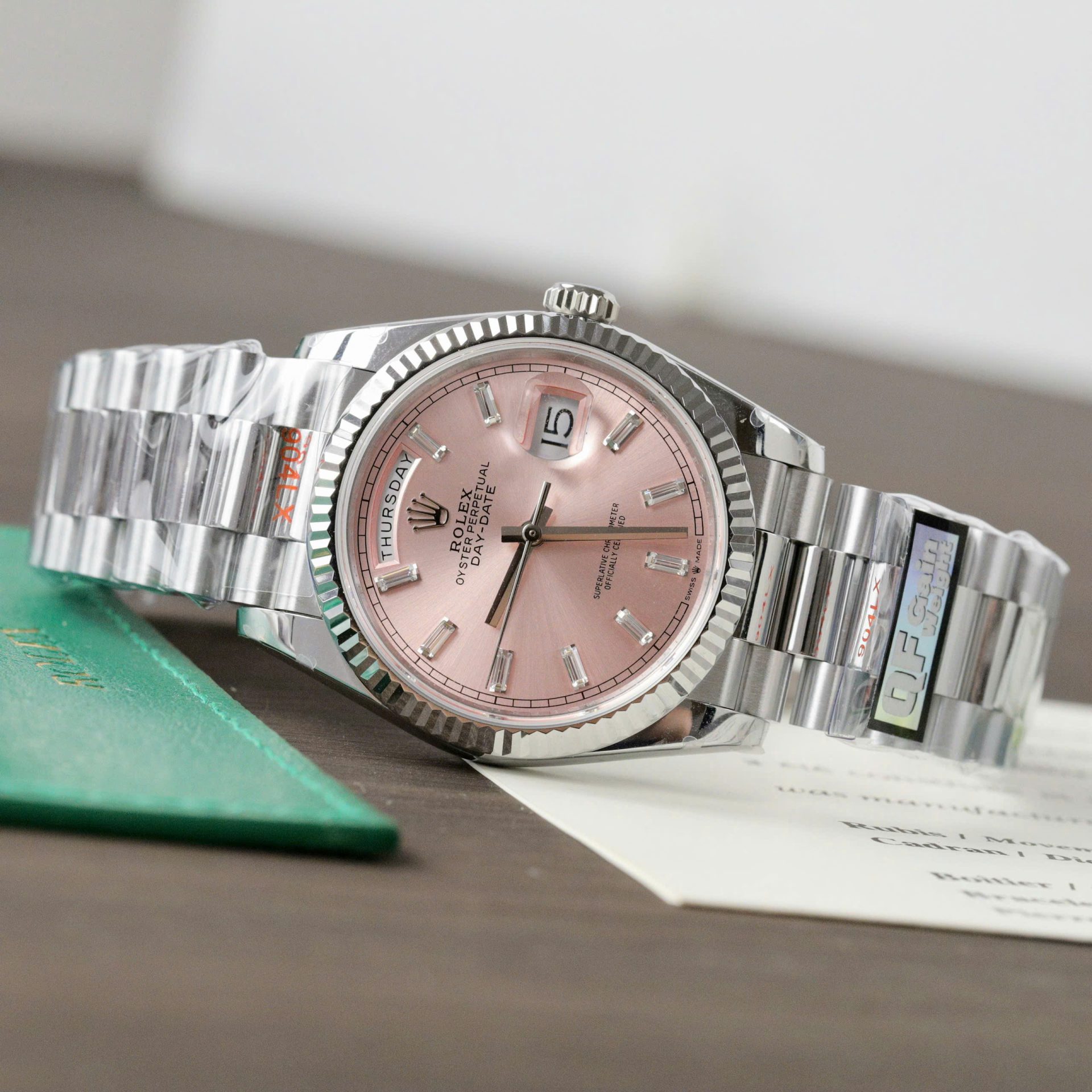 Rolex Day-Date 128236 Pink Dial Replica Watch Weight 158 Grams QF Factory 36mm - Elite Watch Atelier