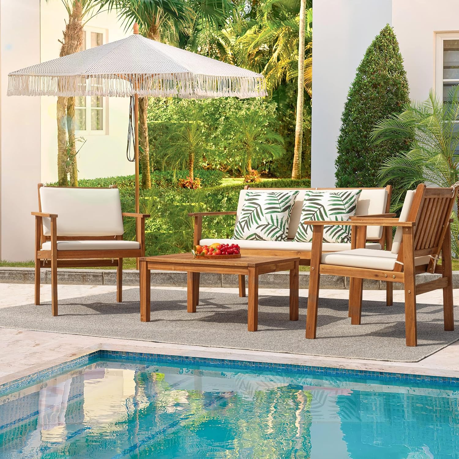 Flamaker 4-Piece Outdoor Acacia Wood Patio Conversation Sofa Set With Table And Cushions - Image 6 Flamaker 4-Piece Outdoor Acacia Wood Patio Conversation Sofa Set With Table And Cushions - Image 6