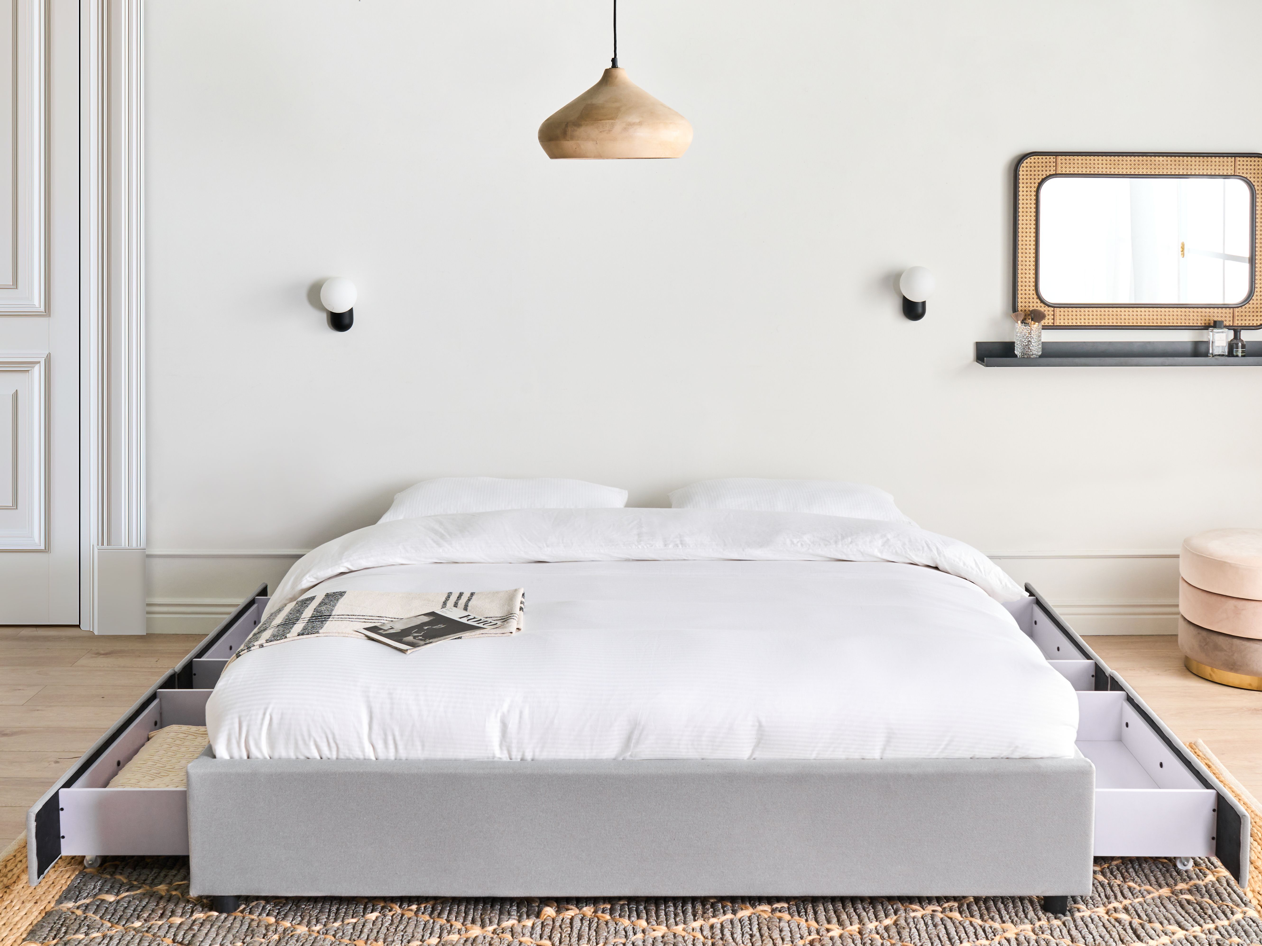 Bed with Storage Drawers without Headboard Fabric PRADES 180 x 200 cm (EU Super King) Light Grey