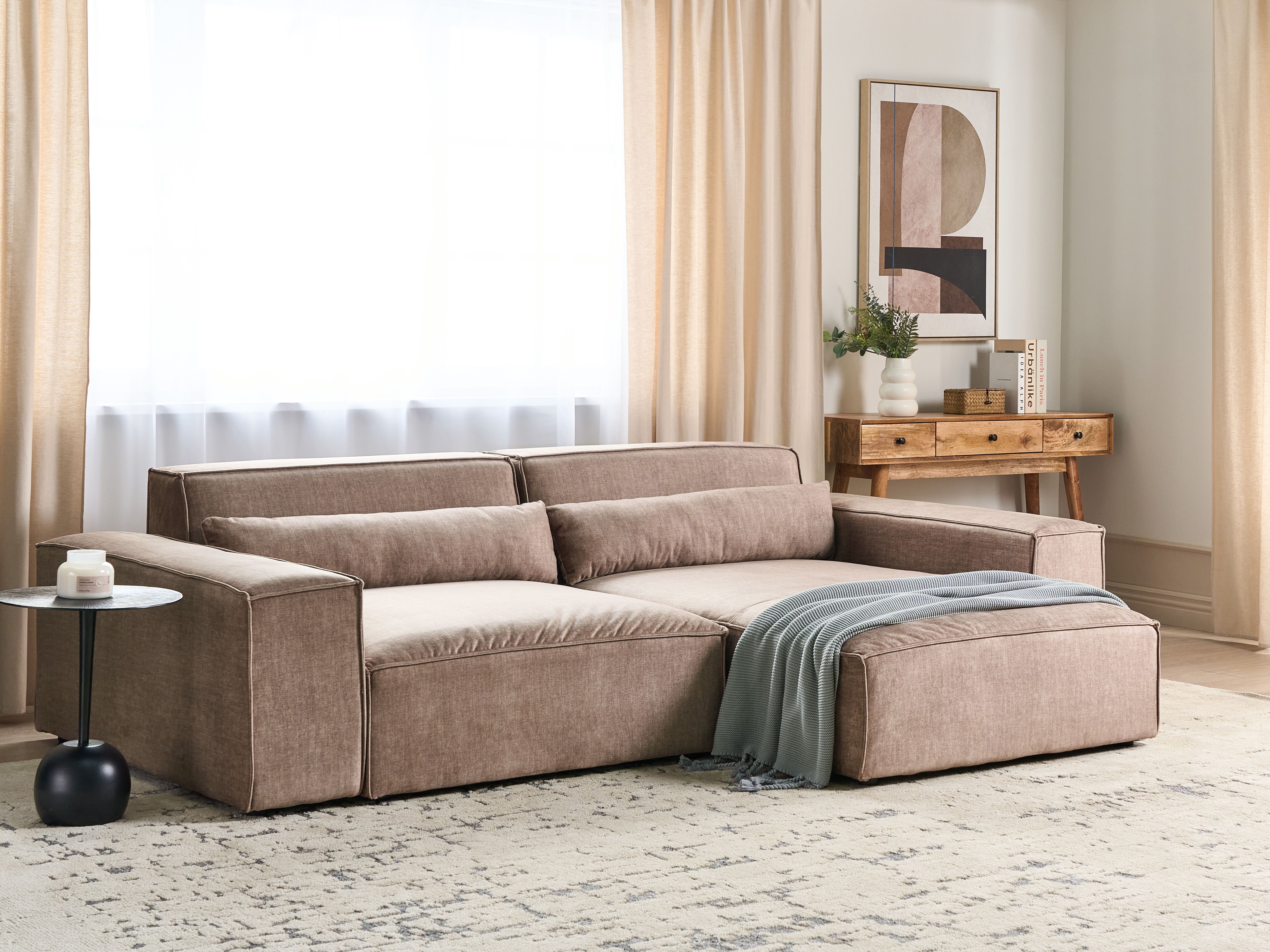 Modular Corner Sofa 3 Seater HELLNAR Fabric Light Brown Left Hand
