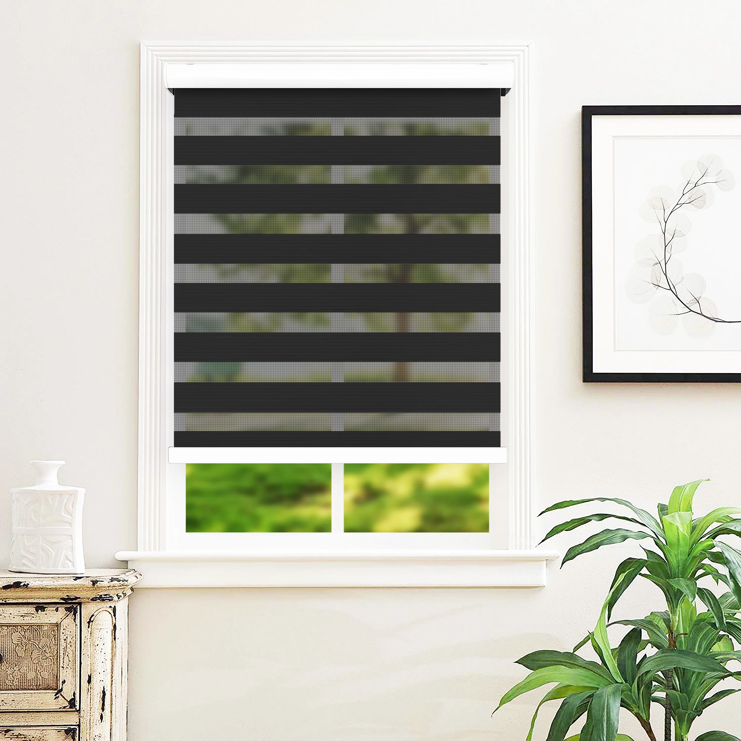 Zebra Cordless Window Blinds, Dual Layered Light Filtering Roller Shades, Easy Install Blinds, Indoor Home Decor, Pull-Down Shades for Windows, Light Control for Day & Night, Black, 22