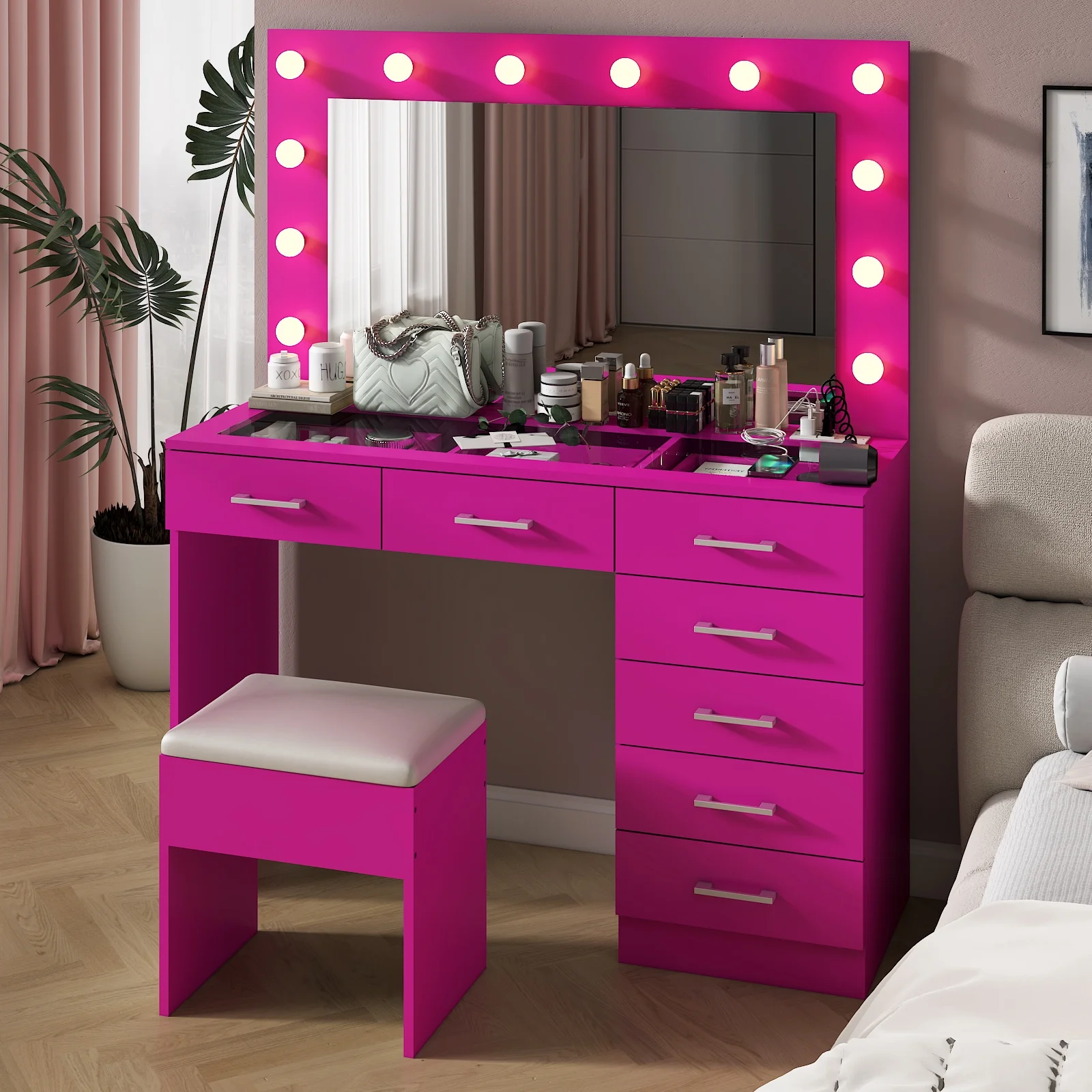 Ktaxon Large Makeup Vanity, Vanity Table Set w/ Visible Glass Top w/ Charging Station, White - Image 64