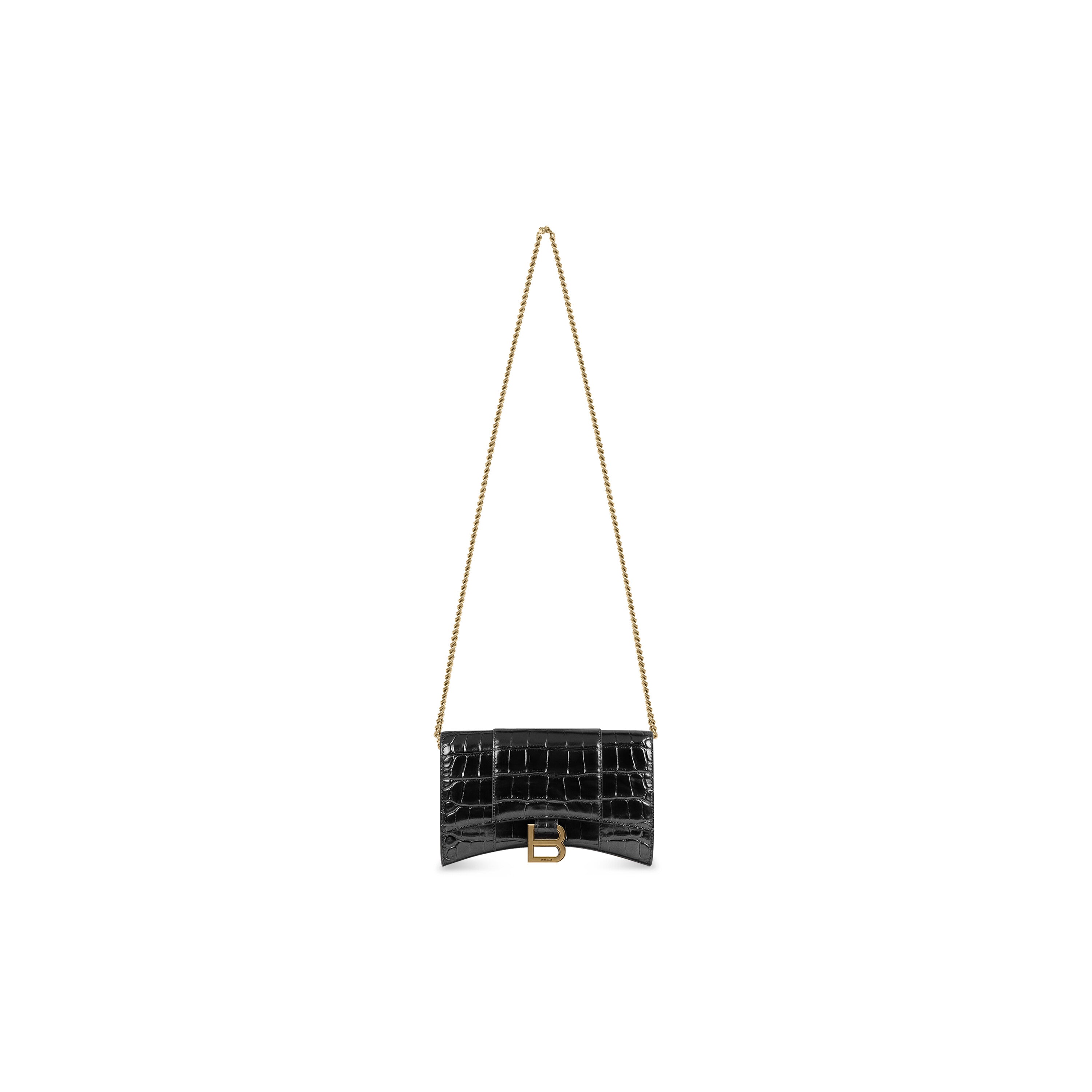 WOMEN'S HOURGLASS WALLET ON CHAIN CROCODILE EMBOSSED IN BLACK - Replicaclubs