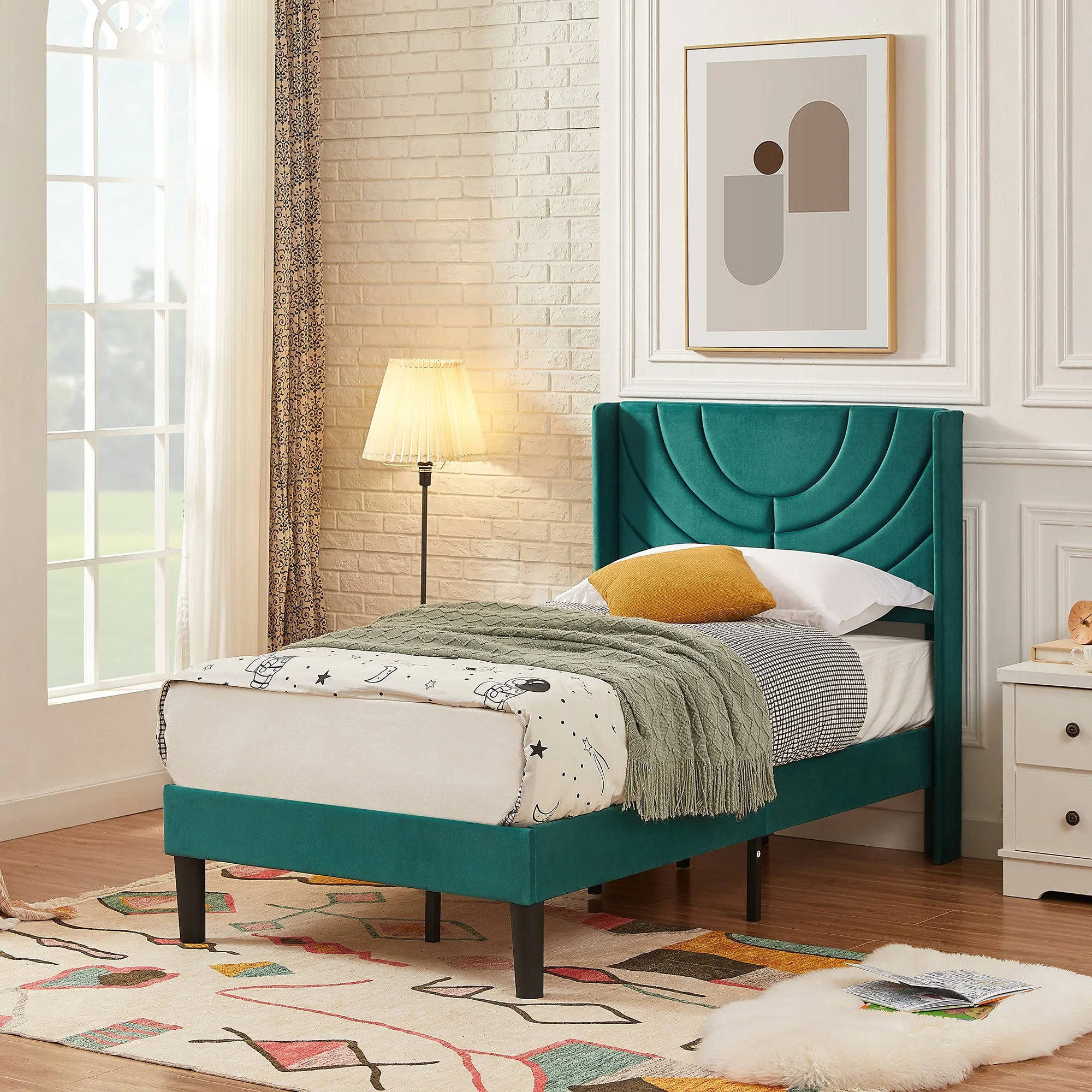 VECELO Set of 2 Twin Bed Frames, Modern Upholstered Platform Bed Frame with Tufted Headboard, No Box Spring Needed, Dark Green - Image 8