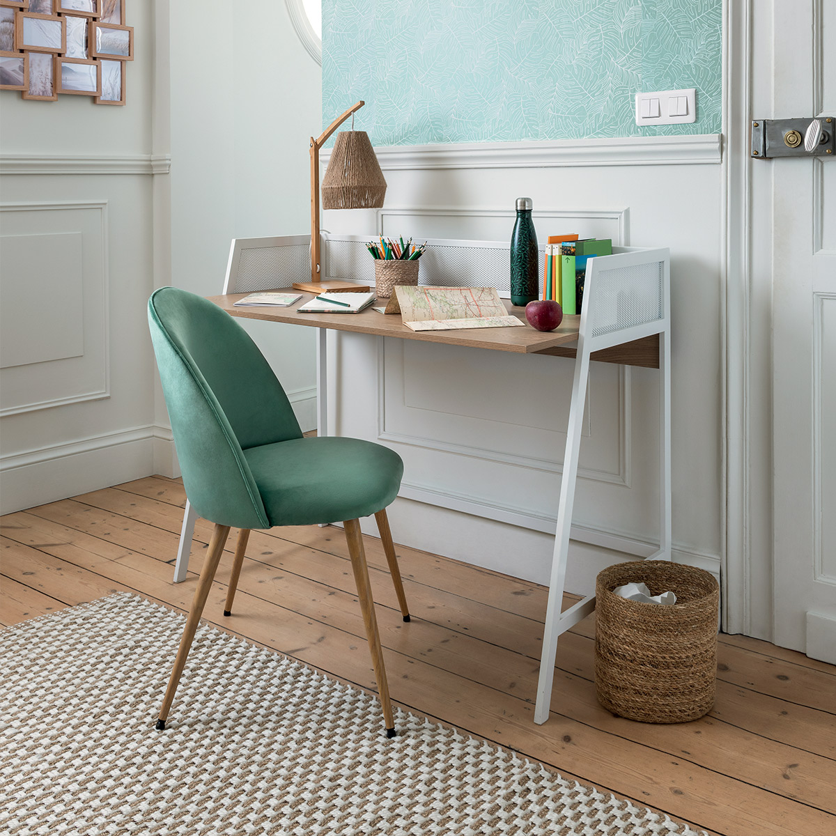 Chair "Slano", velvet Celadon blue, legs beech wood effect