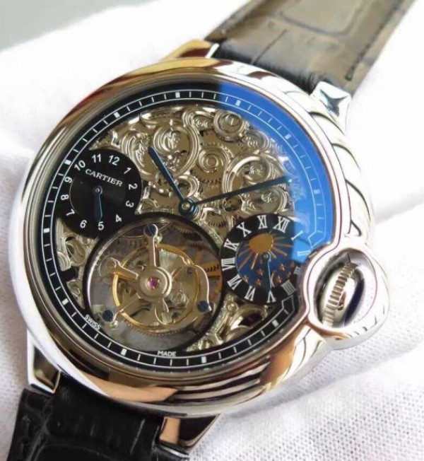 Replica Cartier Ballon Bleu Skeleton Tourbillon Black Dial Black Leather Strap - Elite Watch Atelier
