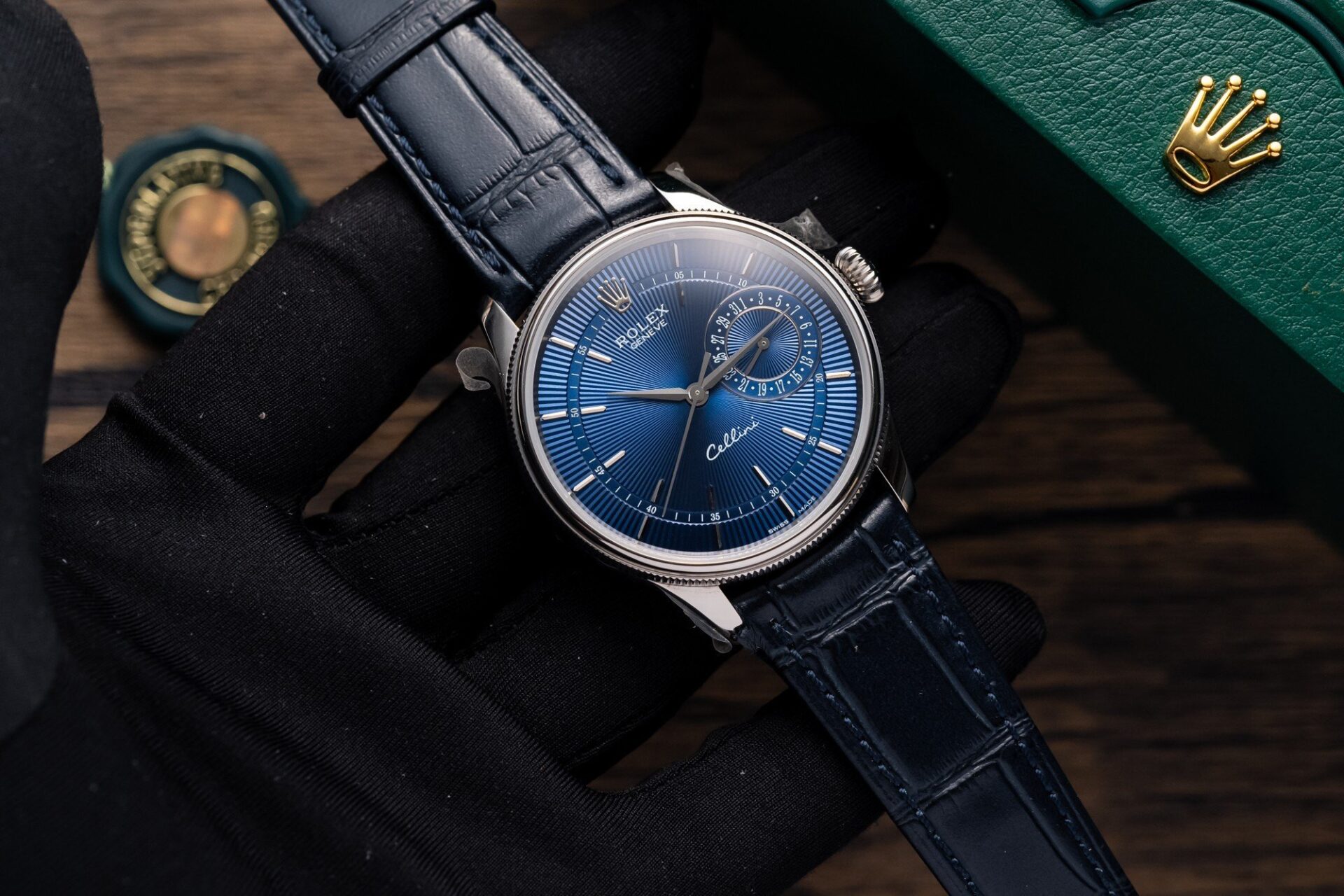 Rolex Replica 1:1 Watch Cellini Date 50519 Blue Dial Leather Strap 39mm - Elite Watch Atelier