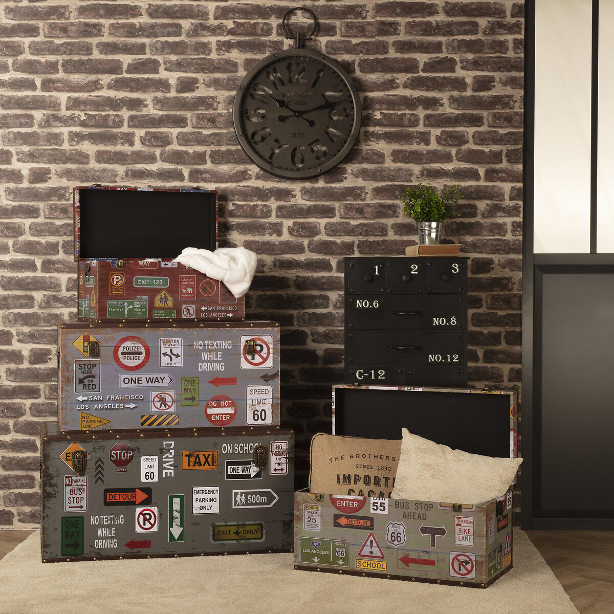 Set 4 trunks "City" Wood and metal