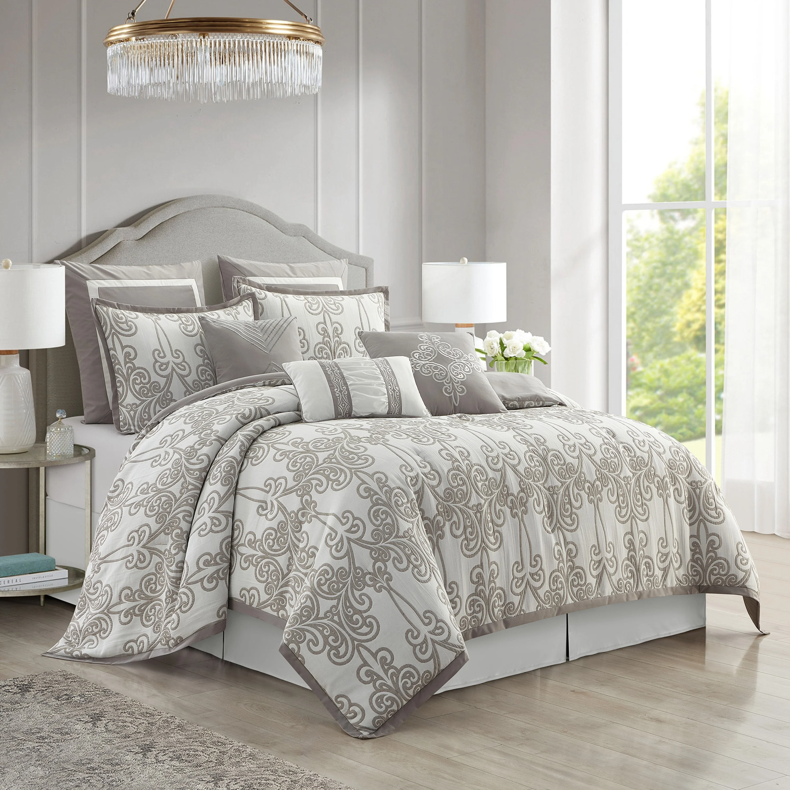 Lanco Smoke Grey Comforter Set California King Size, 9 Piece Jacquard Floral Bedding Set, All Season, Ultra-Soft, Matching Pillows & Shams, Bed Skirt - Image 7