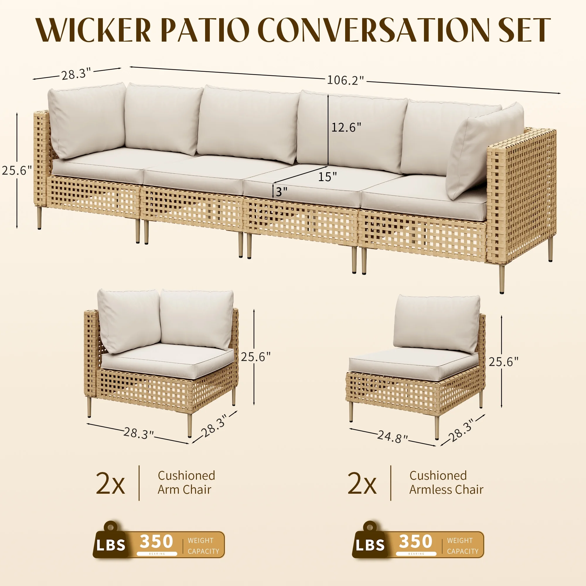 Bifanuo 4-Piece Wicker Outdoor Sectional Sofa, Patio Furniture Set, with Beige Fluffy Cushions (without Coffee Table)
