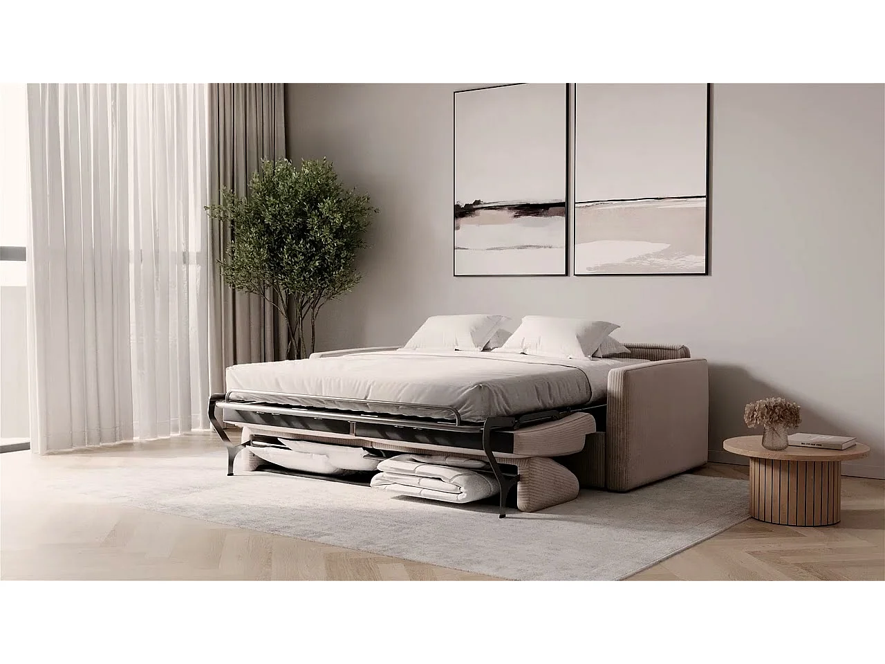 Canapé convertible express 3 places Agathe 140x190cm en velours côtelé - Bleu foncé - Matelas 13cm - L178 x P96 x H88cm - Loungitude