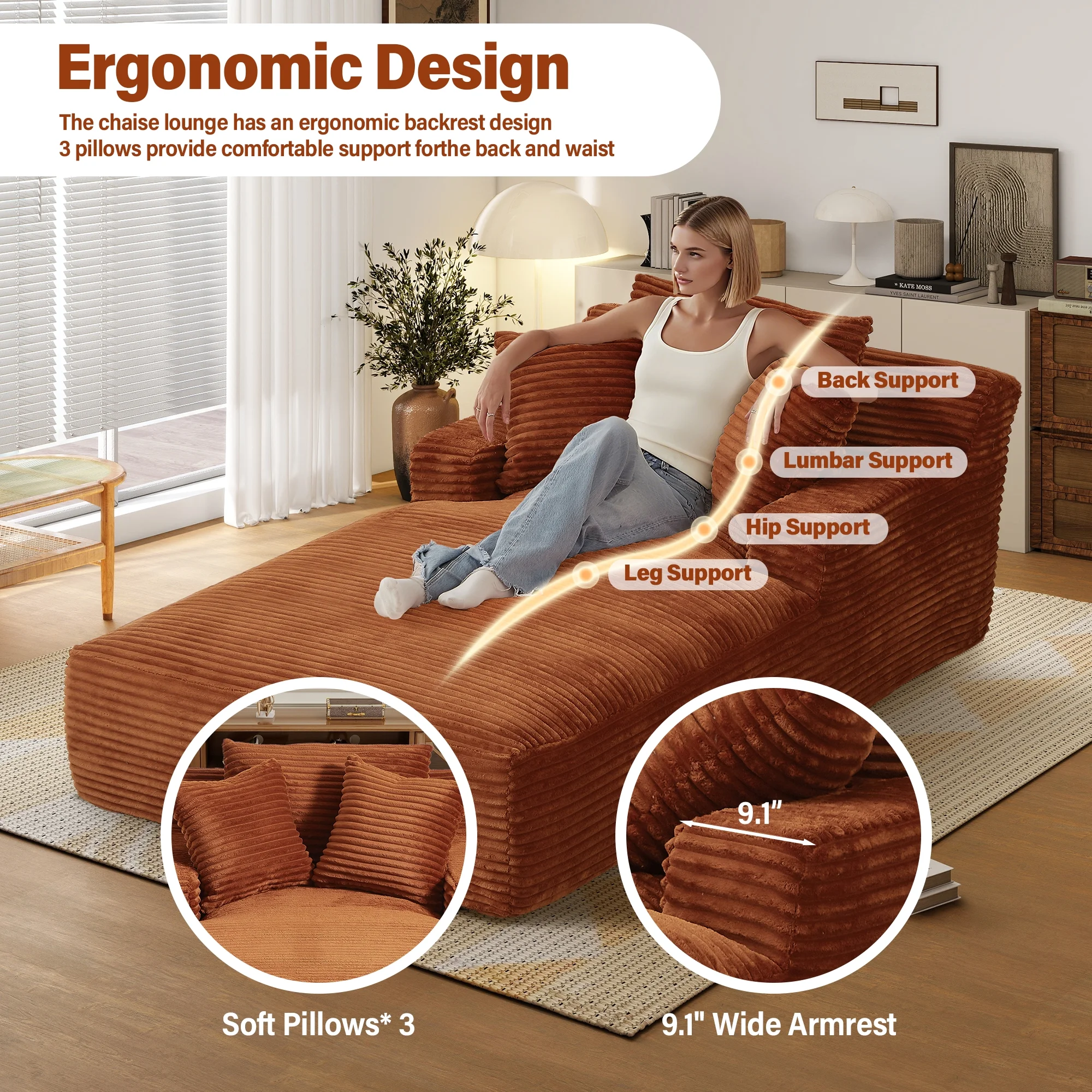Aukfa 78.7" Extra Long Chaise Lounge Sofa, Oversized Upholstered Couch with 3 Pillows for Indoor Living Room/Bedroom,Orange - Image 10