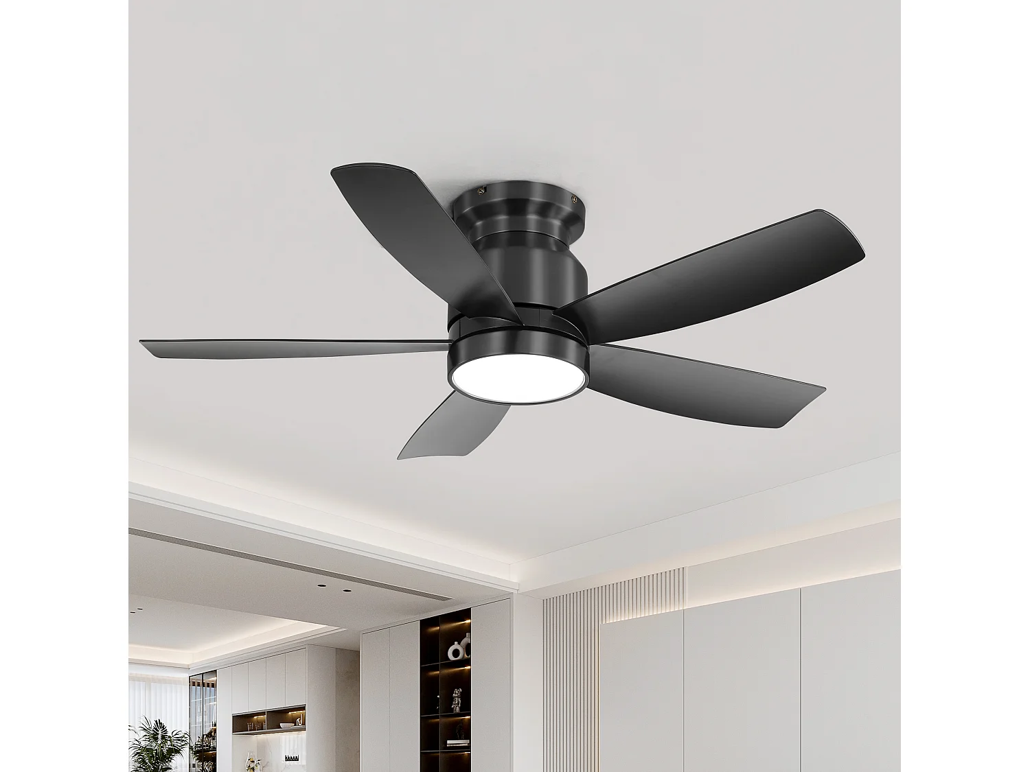 Ventilateur de plafond de 107 cm avec éclairage LED 18 W, télécommande, 5 pales en ABS et 6 vitesses - Noir
