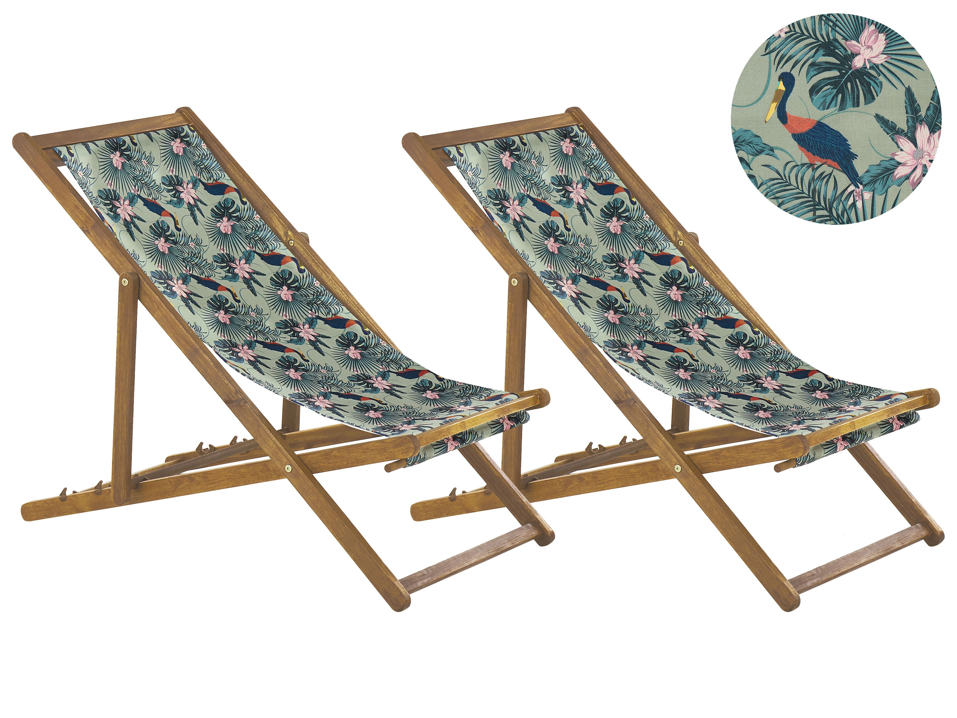 Set of 2 Folding Deck Chairs ANZIO with Replacement Fabrics Animal Motif Acacia Wood Light Brown