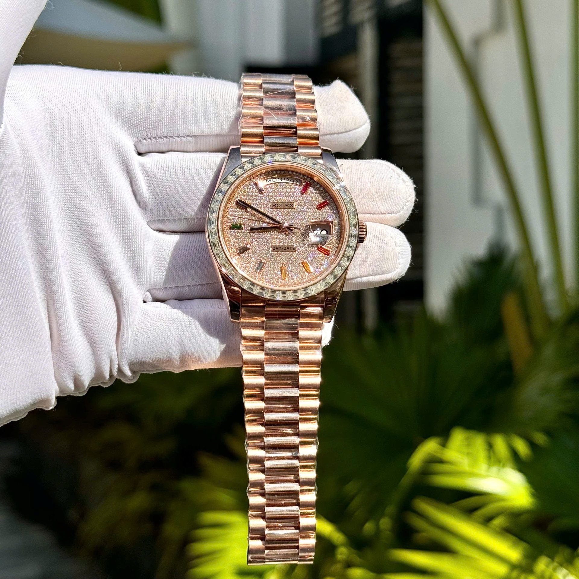 Rolex Day-Date Replica Watch Gold Wrapped End Moissanite Diamonds Baguette Custom 40mm - Elite Watch Atelier