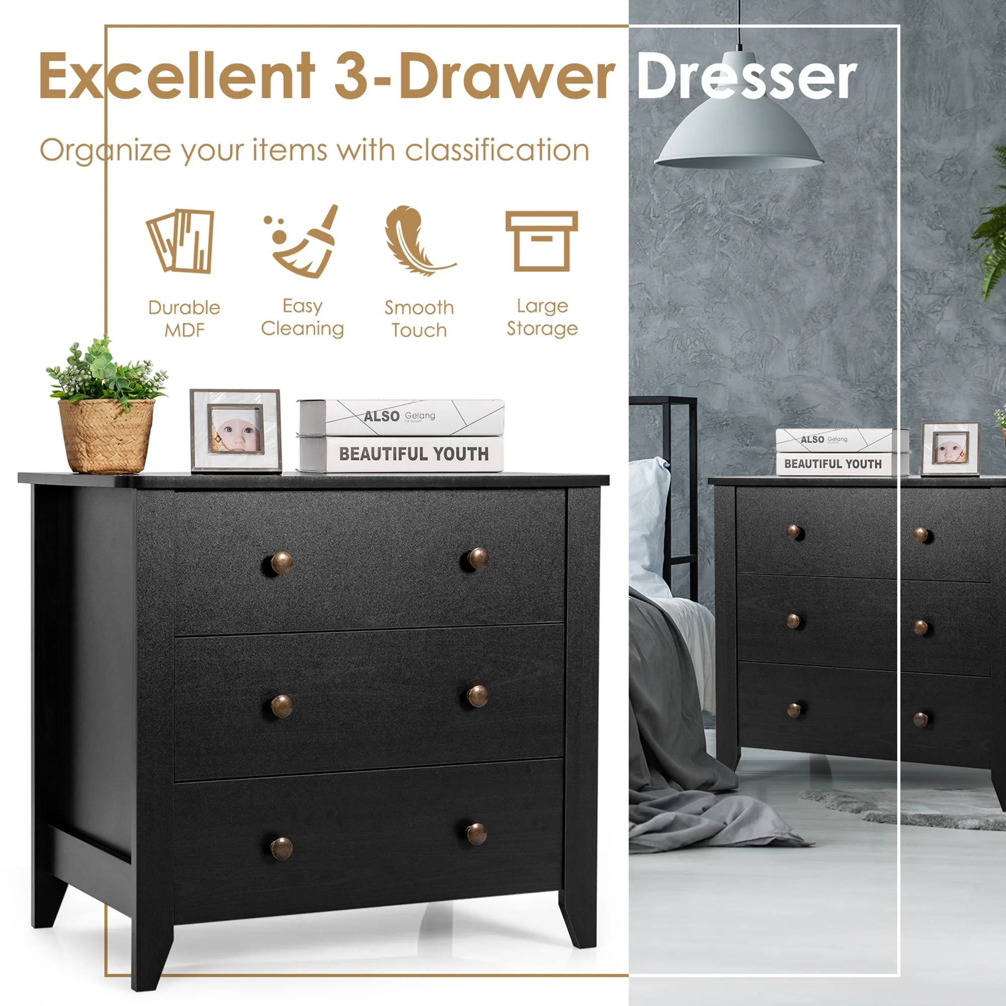 Gymax 3 Drawer Dresser Chest of Drawers Bedside Table for Living Room Bedroom Espresso - Image 18