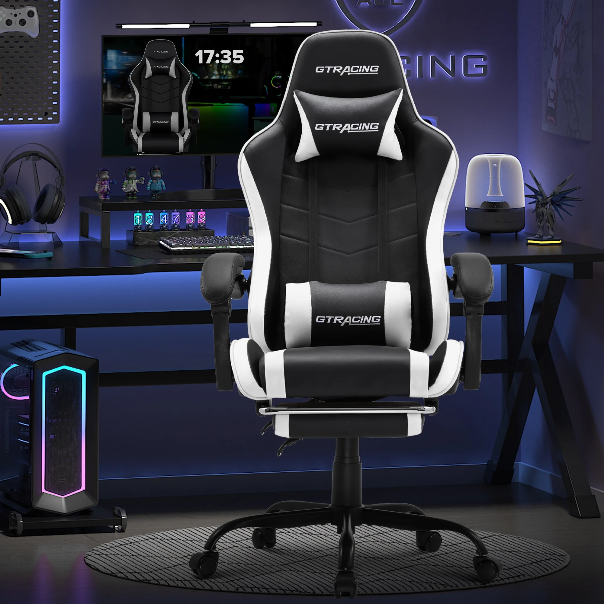 GTRACING GTWD-200 Ergonomic Gaming Chair with Adjustable Pillows and Footrest , White - Image 13