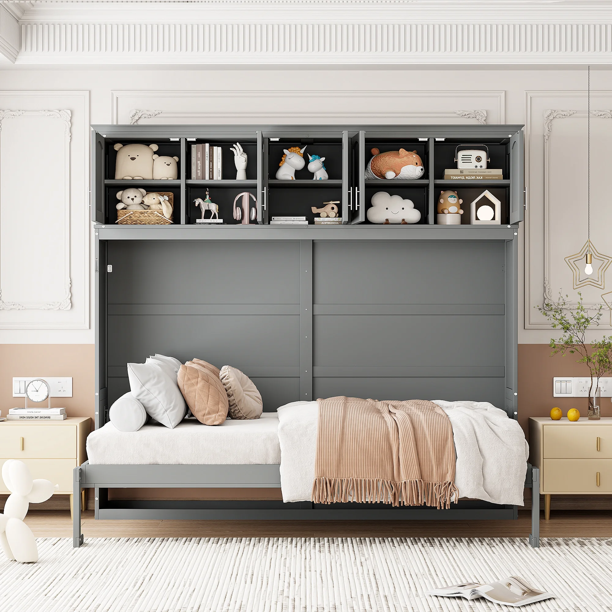 Newest Queen Size Murphy Bed Wall Bed with Top Cabinets,Gray - Image 4