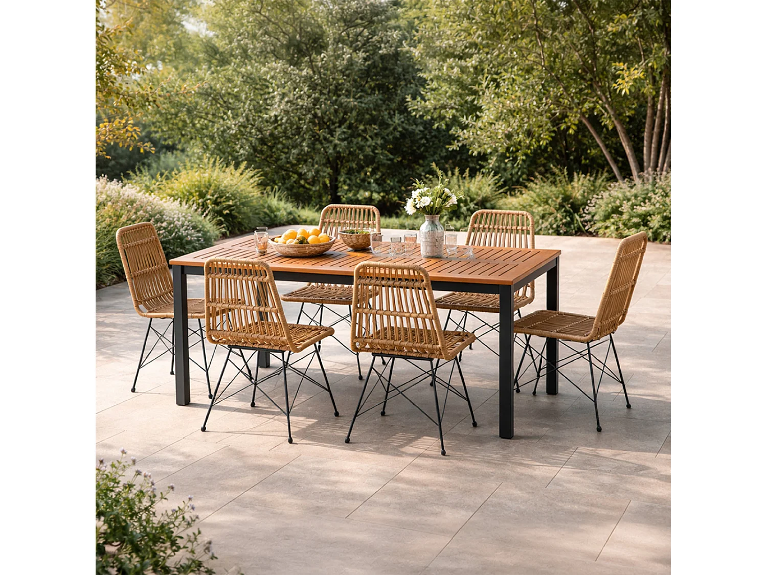 Salon de jardin 6 places avec table en bois naturel et chaises en résine tressée BAGO