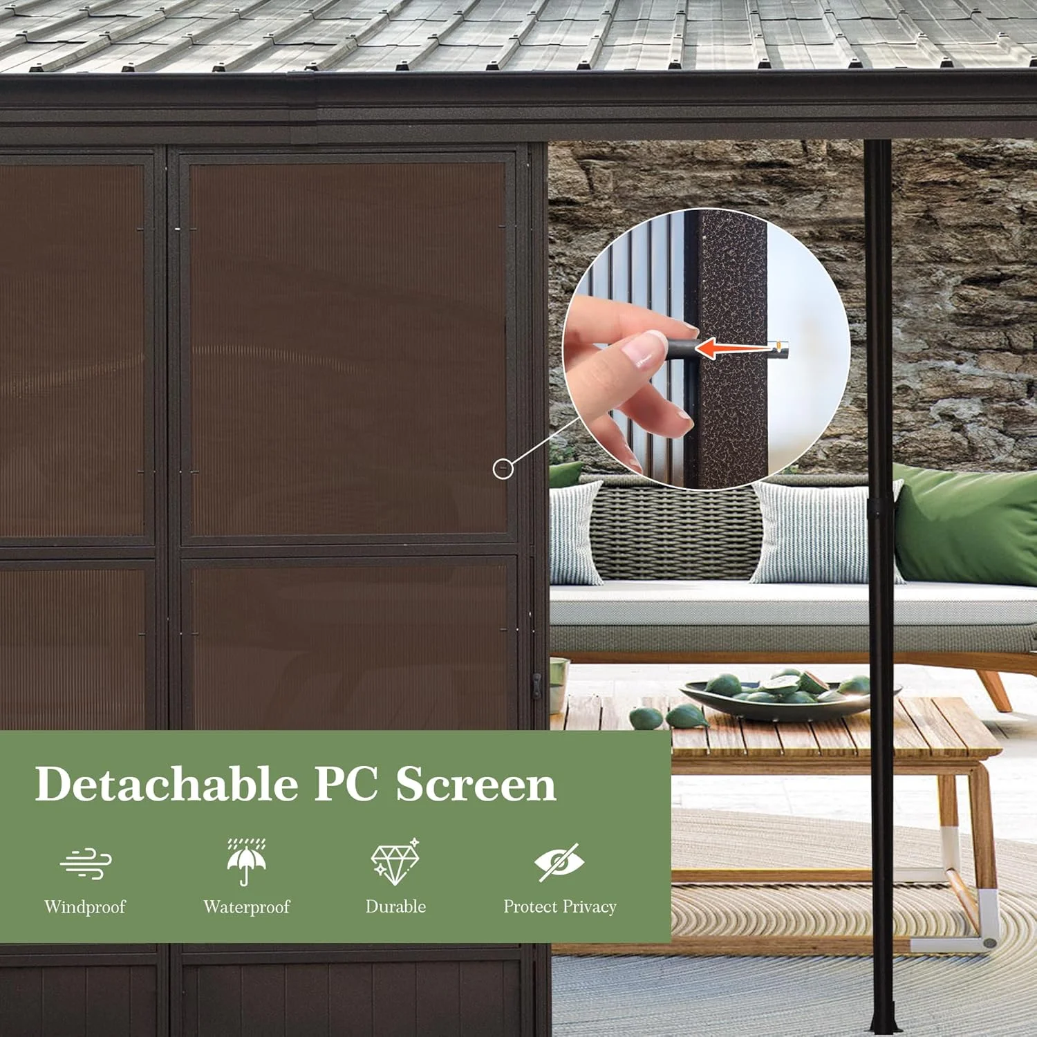 TOTAL Outdoor 10'x12' All-Season Sunroom Gazebo with Steel Roof, PVC Screen, Front & Side Door, Brown - Image 33