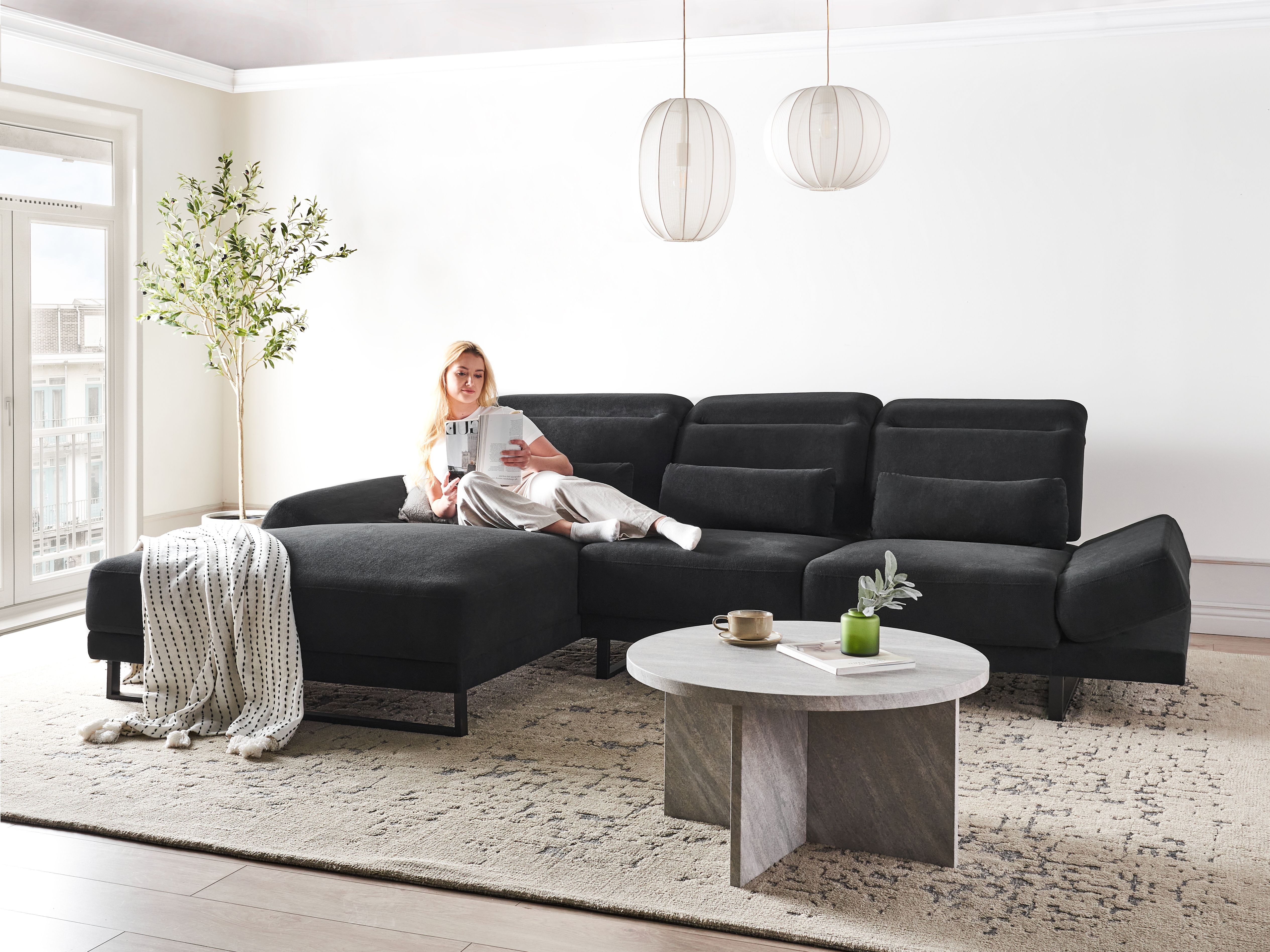 Corner Sofa 4 Seater IKAST Fabric Black Right Hand