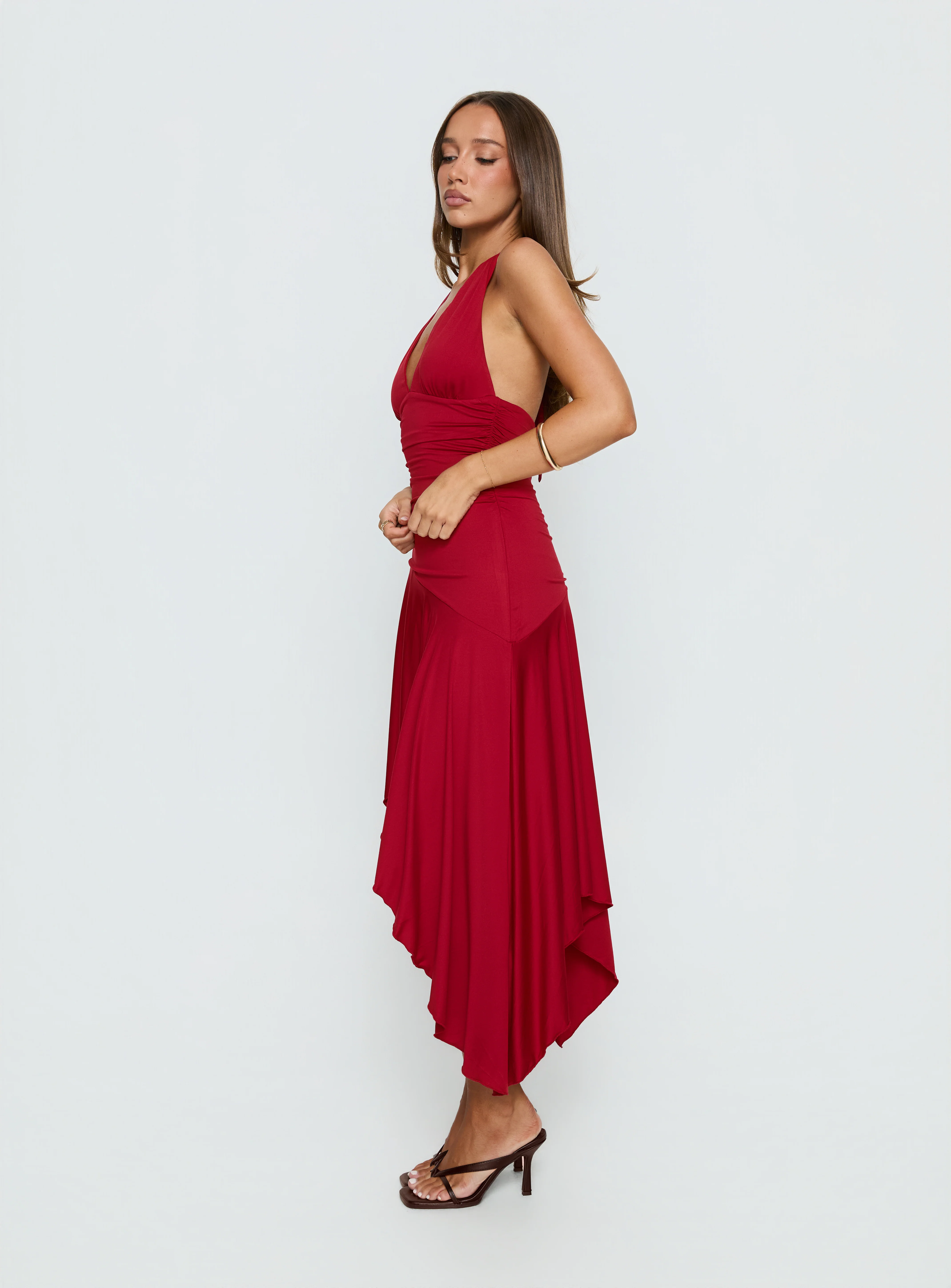 Princess Polly Emara Halter Asymmetrical Midi Dress Red