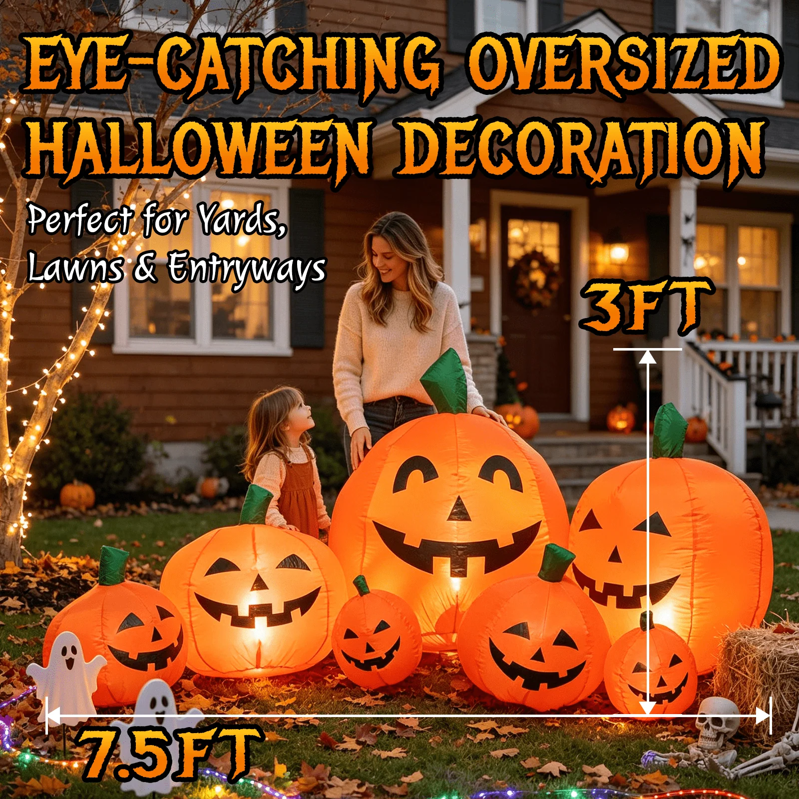 7.5 FT Long Halloween Inflatables Pumpkin Family Lighted,7 Pumpkins Blow Up Yard Decoration, Built-in LEDs, Stakes & Tethers Included for Outdoor Lawn Garden Halloween Decor - Image 3 7.5 FT Long Halloween Inflatables Pumpkin Family Lighted,7 Pumpkins Blow Up Yard Decoration, Built-in LEDs, Stakes & Tethers Included for Outdoor Lawn Garden Halloween Decor - Image 3