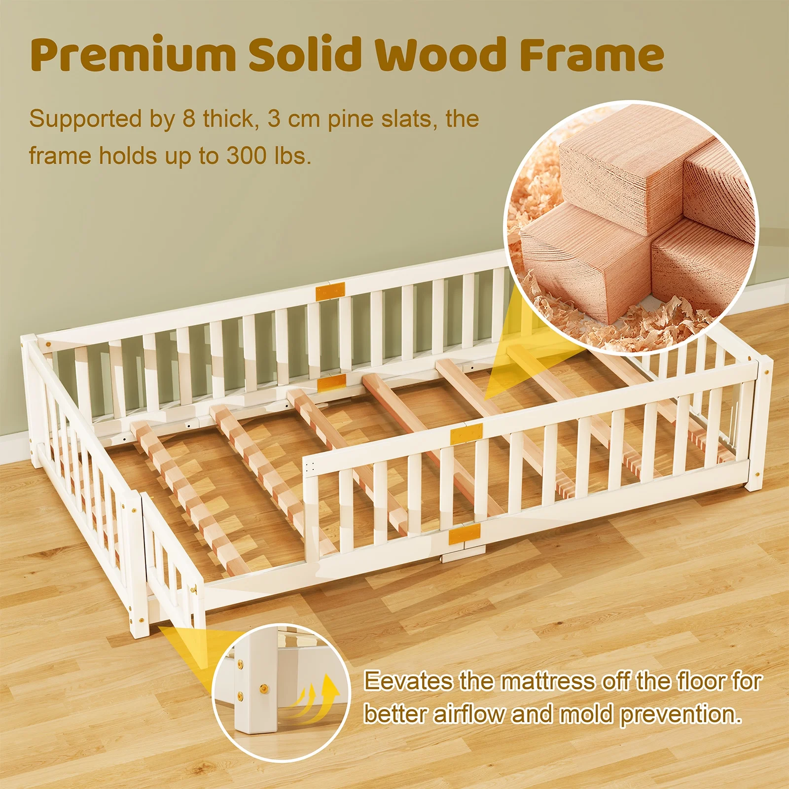 Slsy Twin Size Toddler Floor Bed, Solid Wood Montessori Bed Frame with Fence & Door Montessori Floor Bed Crib with Safety Guardrails for Girls and Boys - Image 10