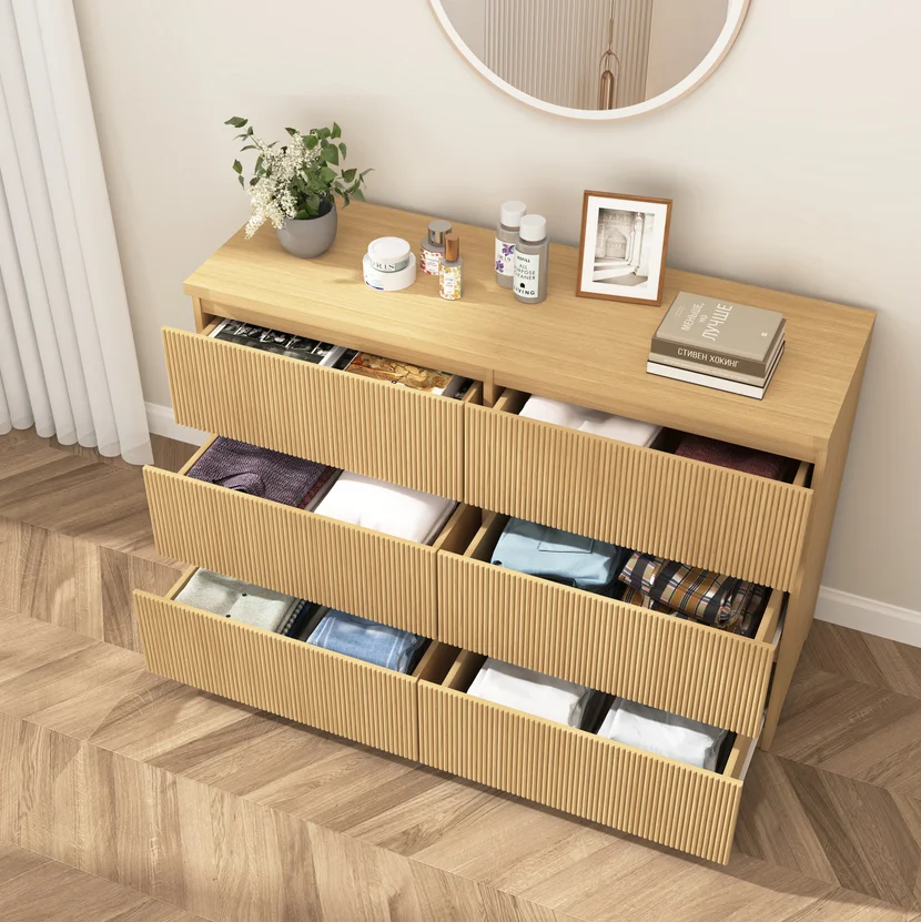 Fluted 6 Drawers Dresser, Wide Modern Chest of Drawers, Curved Profile Design, Dresser TV Stand, Wood Drawer Organizer for Bedroom, Living Room, Hallway - Image 14