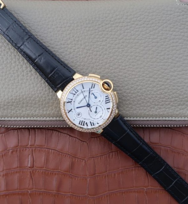 Replica Cartier Ballon Bleu De Cartier Chrono YG White Dial Diamonds Bezel A8101 - Top club