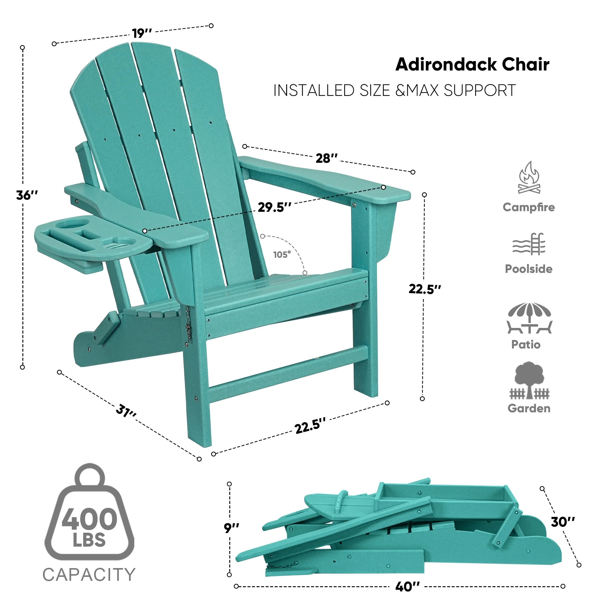 FOOWIN HDPE Plastic Adirondack Chairs Set of 4, Black - Image 49