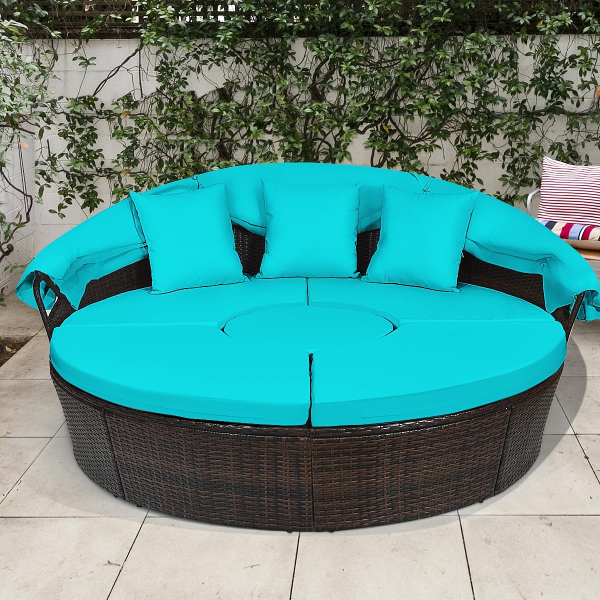 Outdoor daybed, rattan round daybed with sunshade canopy, patio set with cushions and adjustable coffee table, rattan patio furniture, suitable for backyard terraces, porches, and poolside (green color) - Image 5