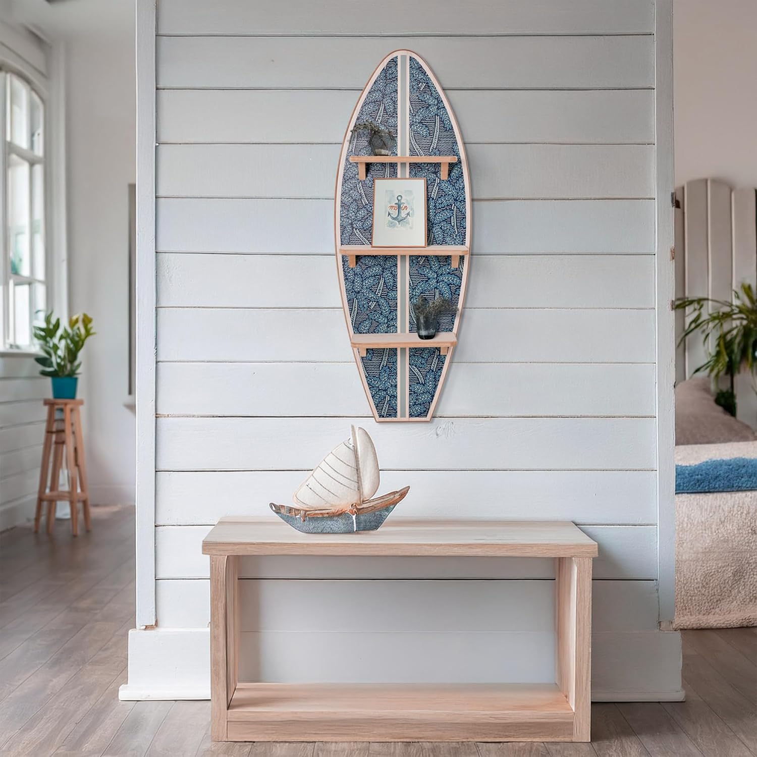 American Art Decor Kona Coast by Reyn Spooner Electric Palms - Navy Surfboard Printed Wall Shelf - 13