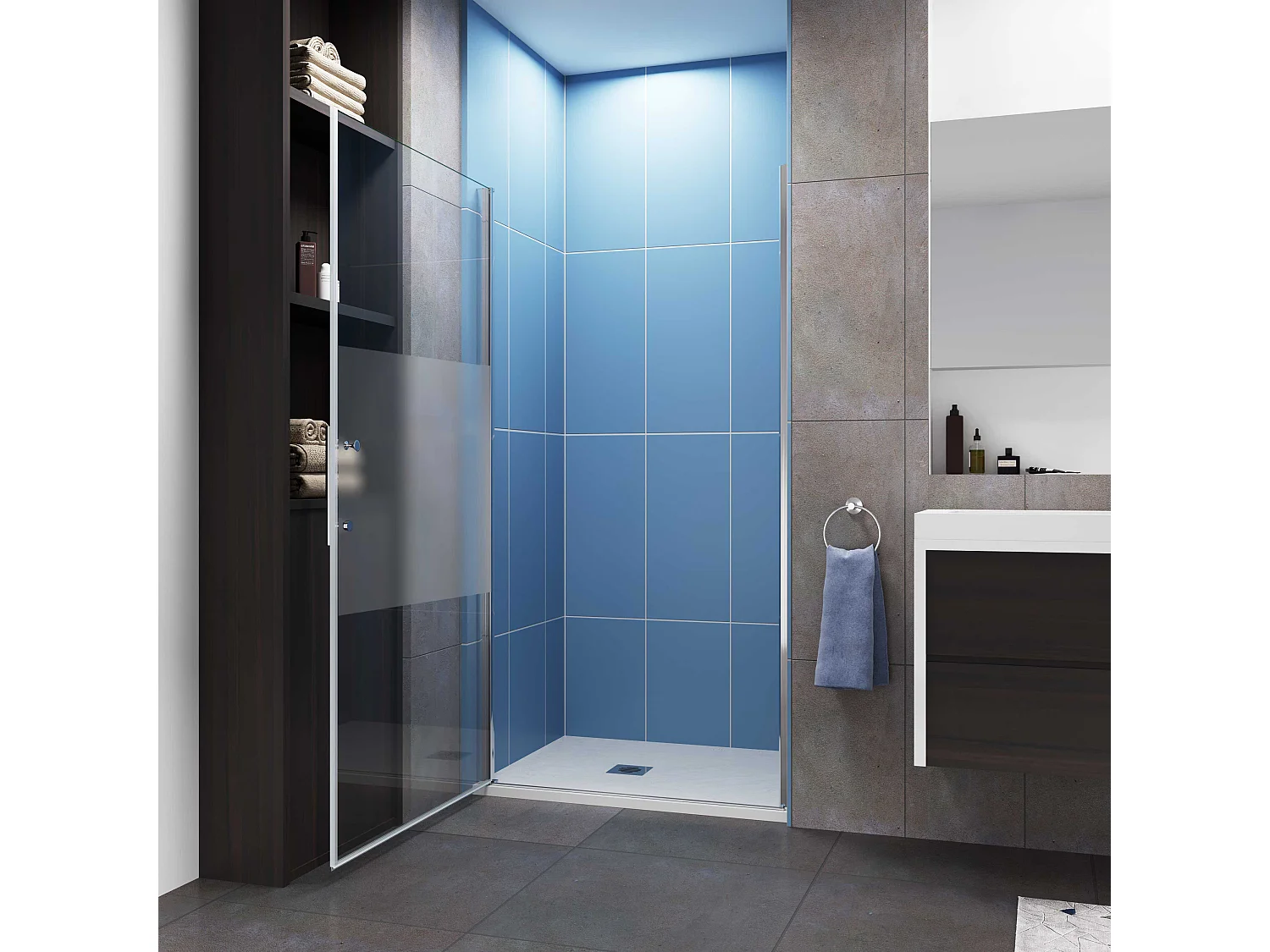 Aica Porte de Douche Pivotante Chrome L70xH185cm en verre bande central Dépoli ,6mm Verre Anticalcaire Pivotant à 90°—Installation à gauche en niche