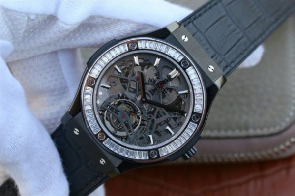 Replica Hublot Classic Fusion Tourbillon 42mm TF SS PVD Diamonds Bezel Skeleton Dial Gummy Strap A23J - Elite Watch Atelier