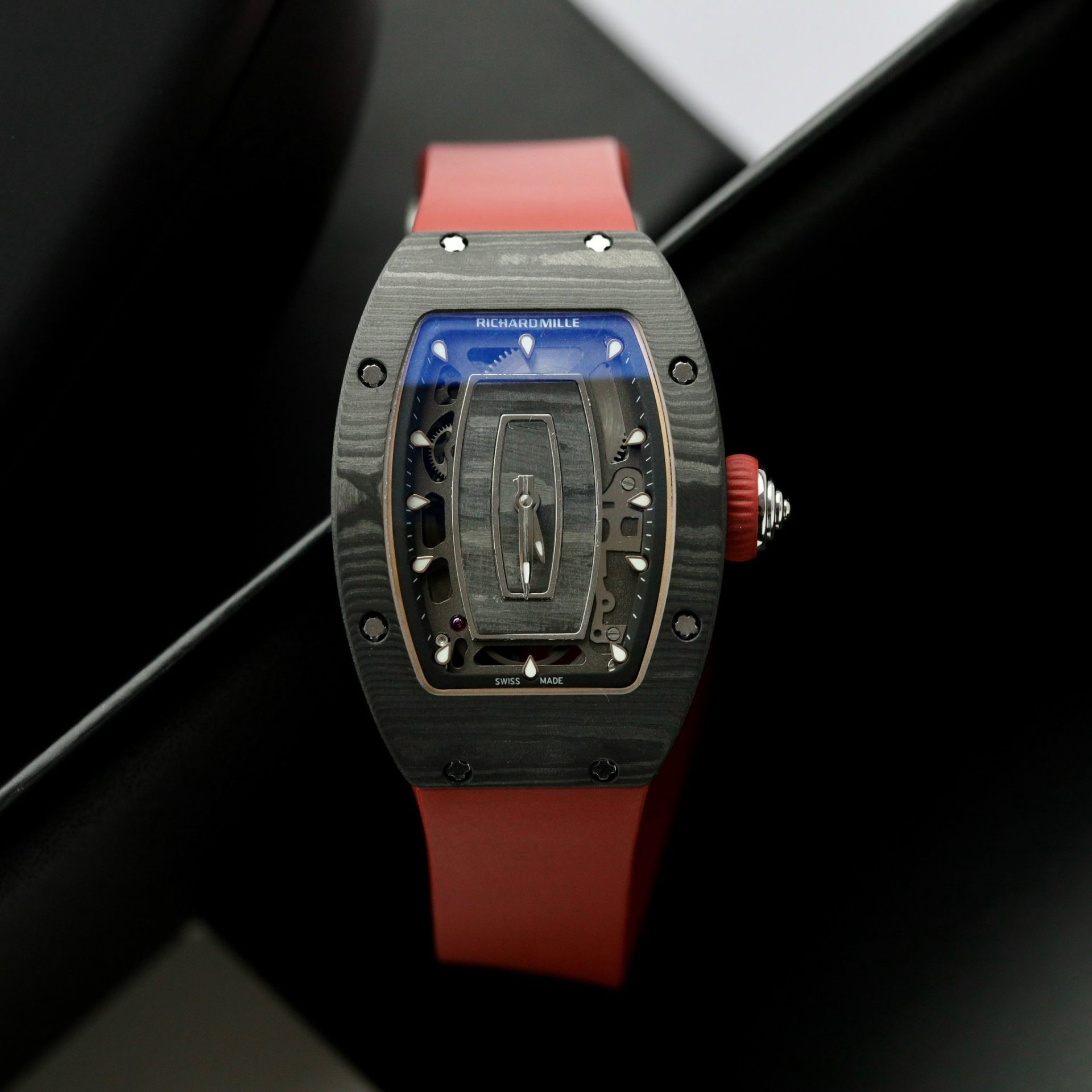 Richard Mille Replica 1:1 Watch RM07 Carbon Black Red Rubber Strap 36mm - Elite Watch Atelier