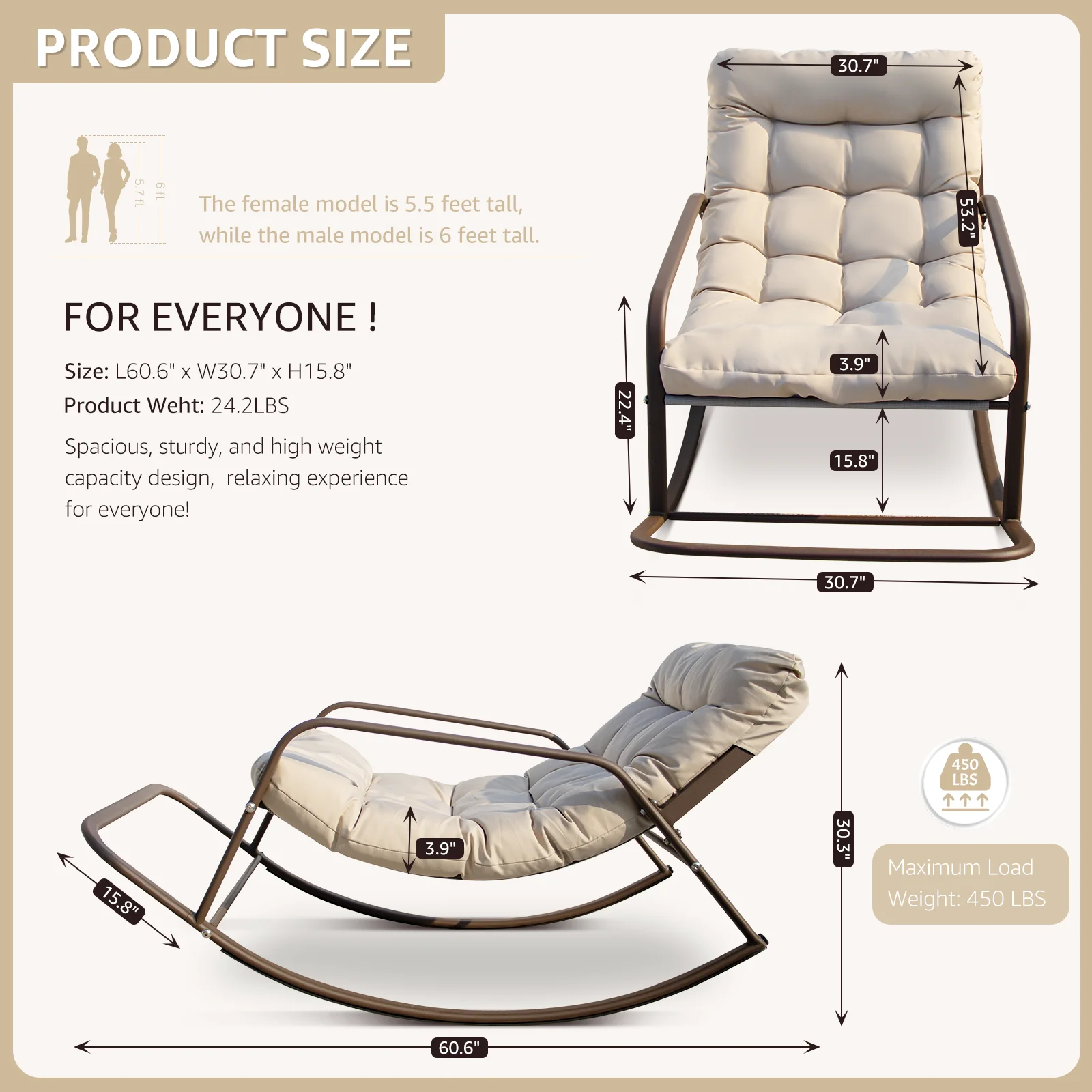 RADIATA Oversized Rocking Chair with Footrest, RADIATA Patio Papasan Rocking Recliner for Indoor Outdoor Use, Heavy Duty Wicker Lounge Chair, 450lbs, Beige - Image 3