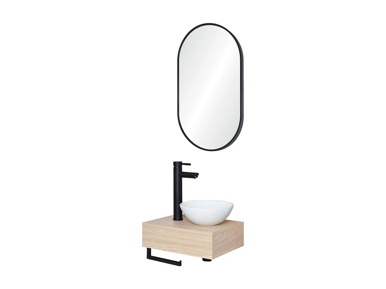 Meuble lave-mains SOHO plan épais vasque blanche + robinet + miroir