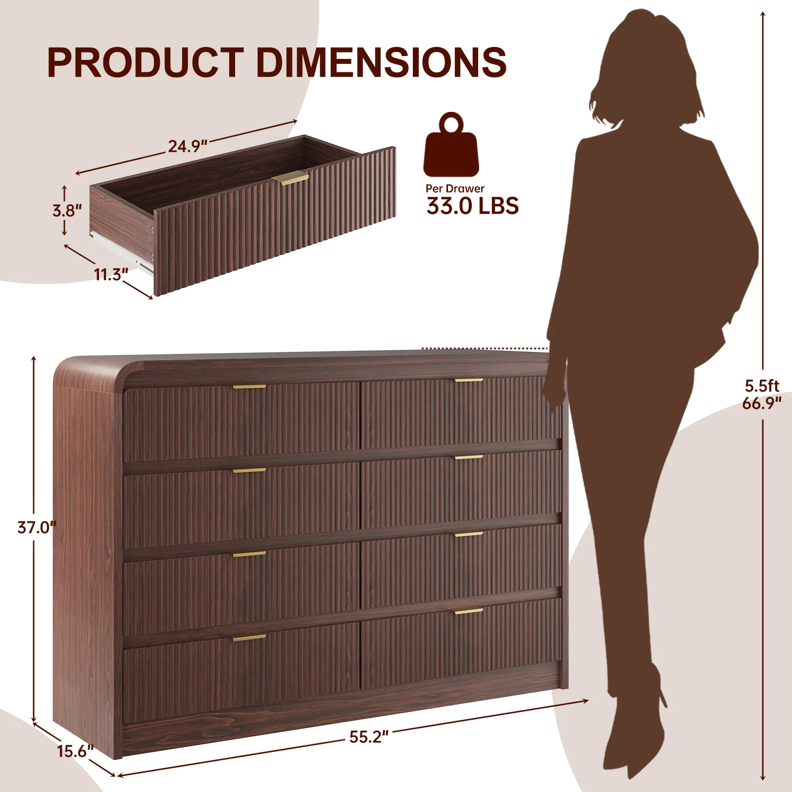 SELOOYE Fluted 5 Drawers Dresser for Bedroom, 47" Tall Modern Dresser Chest of Drawers, Black Accents, Fluted Fronts, Wood Storage Dressers Organizer for Bedroom, Living Room, Natural - Image 12