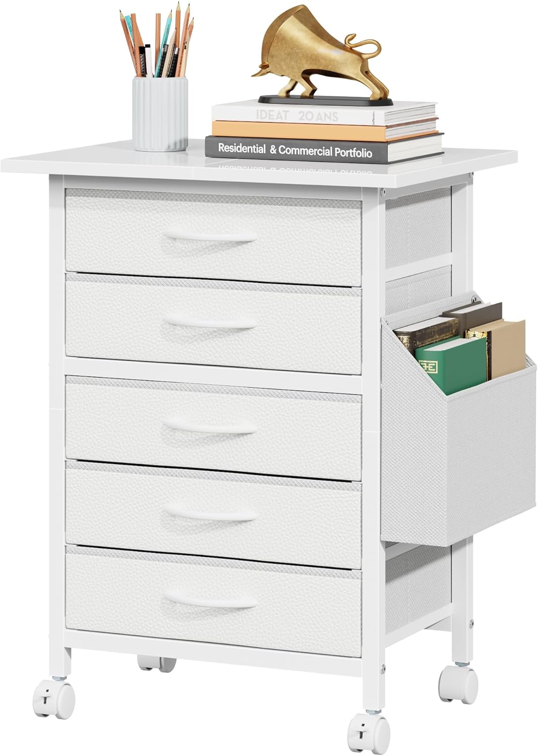 HIGDBFE 5 Fabric Drawers File Cabinet with Side Pocket, Rolling Printer Stand with Storage for Home Office, Wood Top Storage Cabinet for Documents and Crafts, White, 15