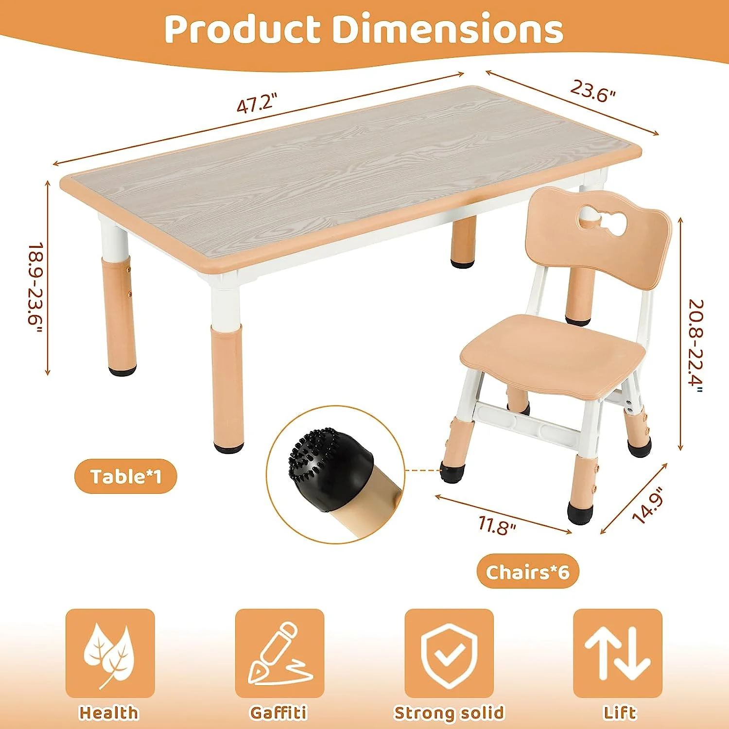 Arlopu Adjustable Kids Table and 6 Chairs Set, Toddler Play Activity Table Set with Graffiti Tabletop, Preschool Kids Furniture Table Set for Reading, Drawing, Eating