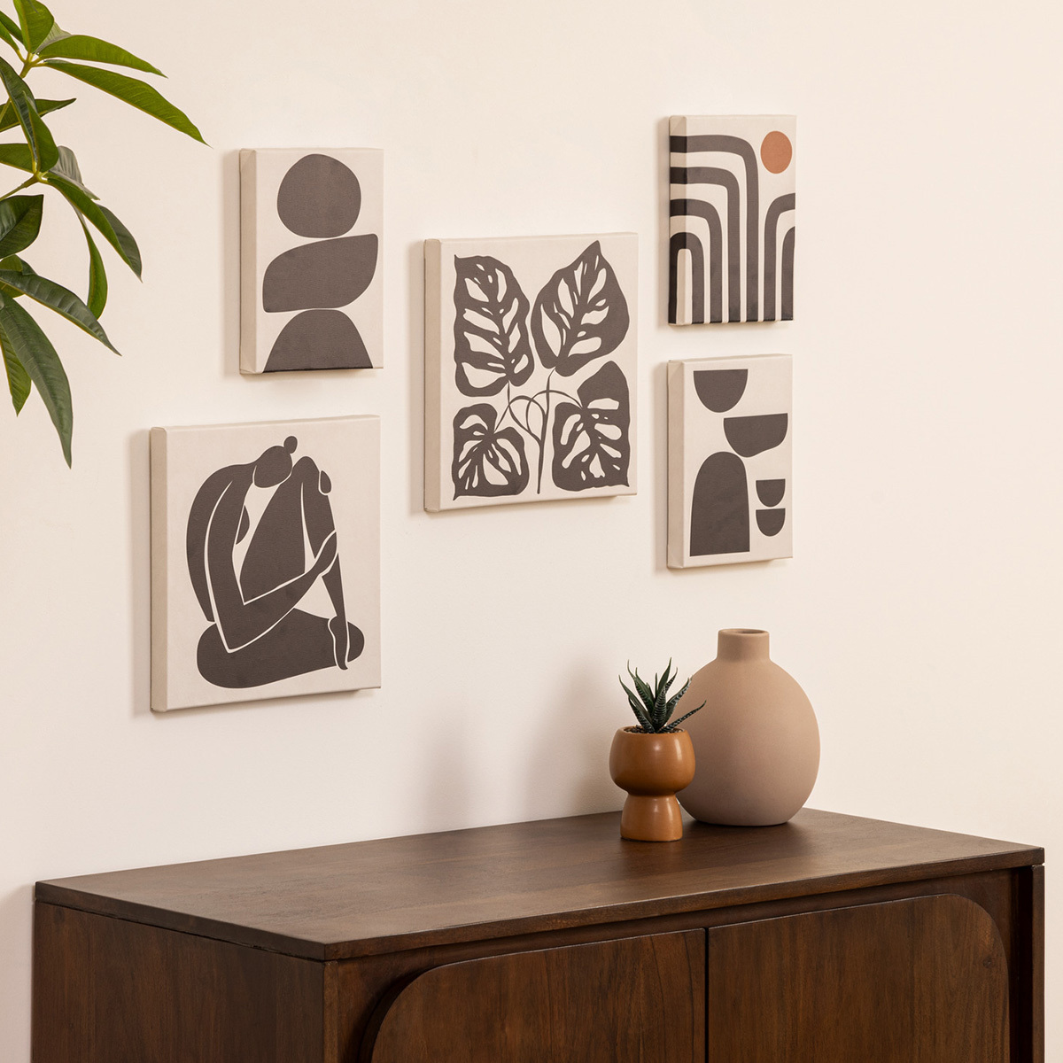 Set of 5 printed canvases "Cynthia" Black and white, 15x20/25x25 cm