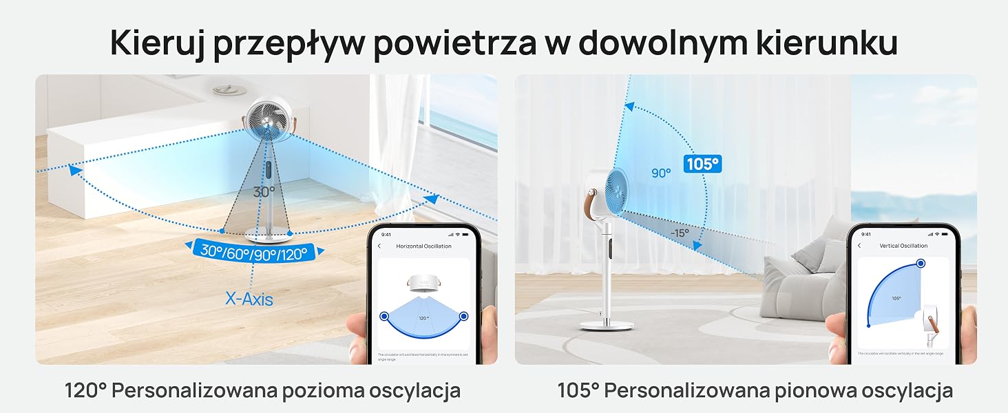 Inteligentny wentylator oscylacyjny z konfigurowalnymi kierunkami przepływu powietrza. Posiada oscylacje poziome 120° i pionowe 105°, sterowane za pomocą aplikacji na smartfona