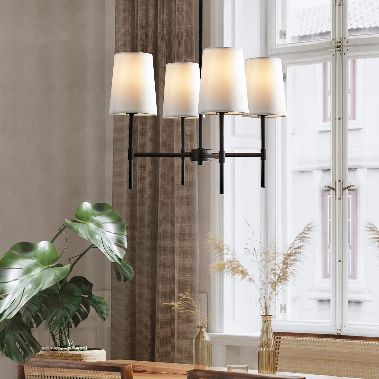 Better Homes & Gardens Meadowood 4-Light Chandelier, Matte Black Finish, White Fabric Shades, LED Bulbs Included