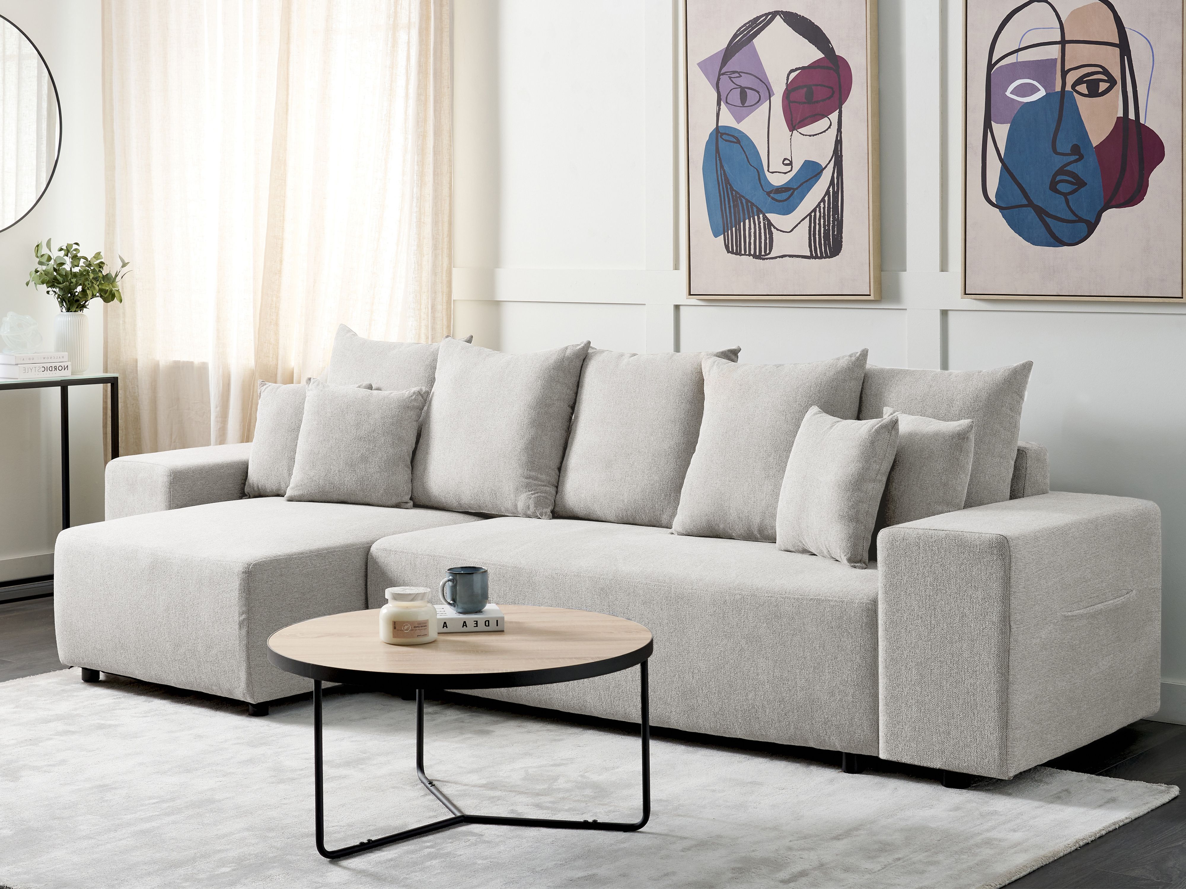 Corner Sofa Bed 3 Seater LUSPA Fabric Light Grey with Storage Right Hand
